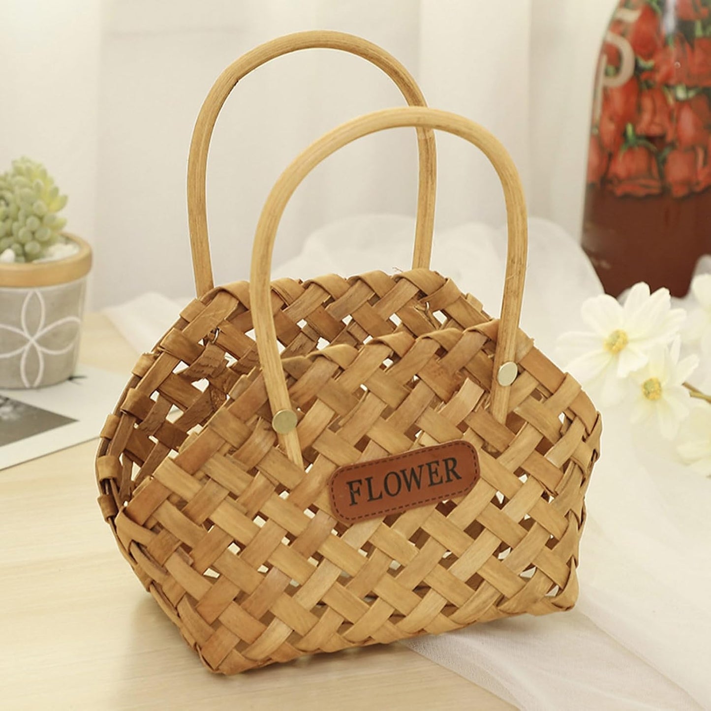 Woven Wood Flower Basket Hand-Held Flower Arrangement Basket Hand-Woven Flower Pot Wedding Flower Girl Baskets for Home