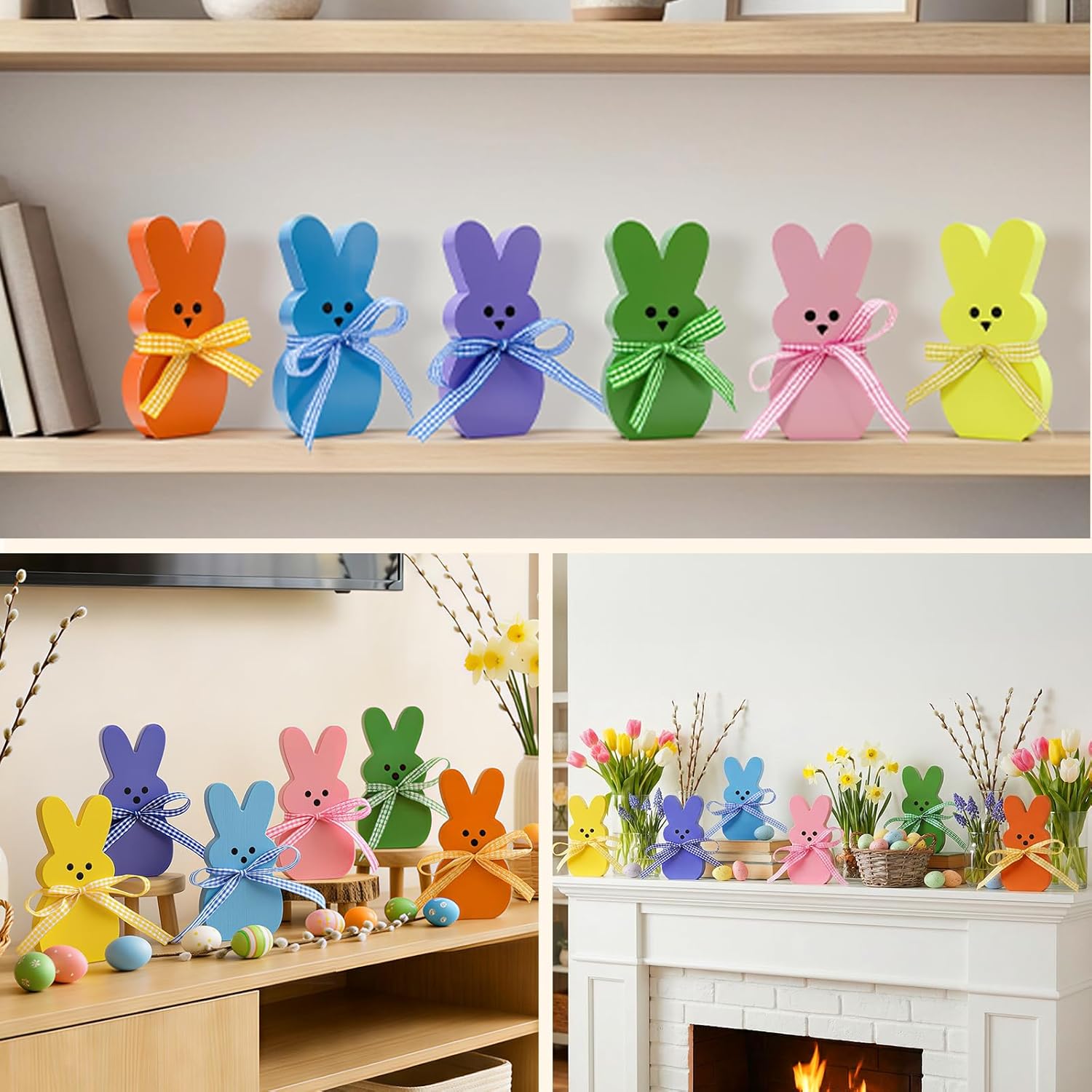 Easter Decorations for Home, 6 Pcs Wooden Bunny Table Decorations Sign