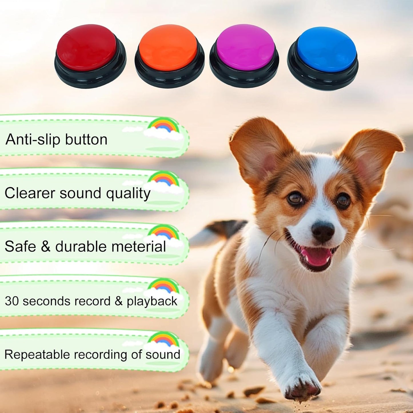 Set of 4 Dog Buttons for Communication, Voice Recordable Buttons for C