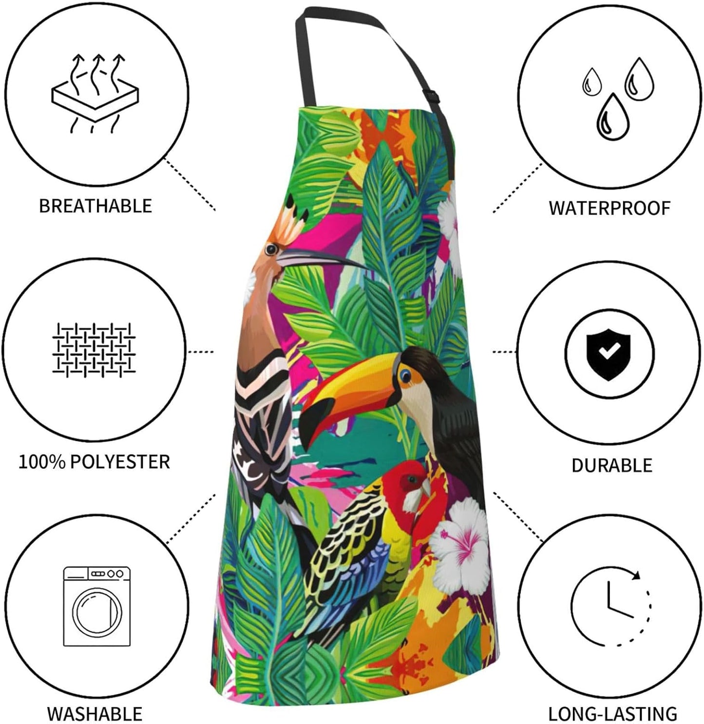 Tropical Birds and Plant Leaf Print Laundry apron 28x33 In Waterproof Kitchen Apron with Pockets for Cooking Baking