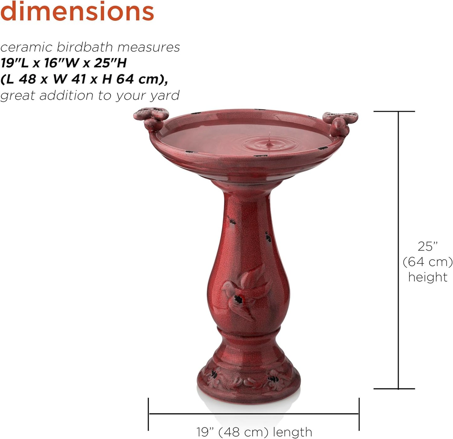 Alpine Corporation 25" Tall Outdoor Antique Ceramic Birdbath with 2 Bird Figurines - Vintage Style Garden Bird Bath Bowl for Patio, Yard, Lawn Decor, Red