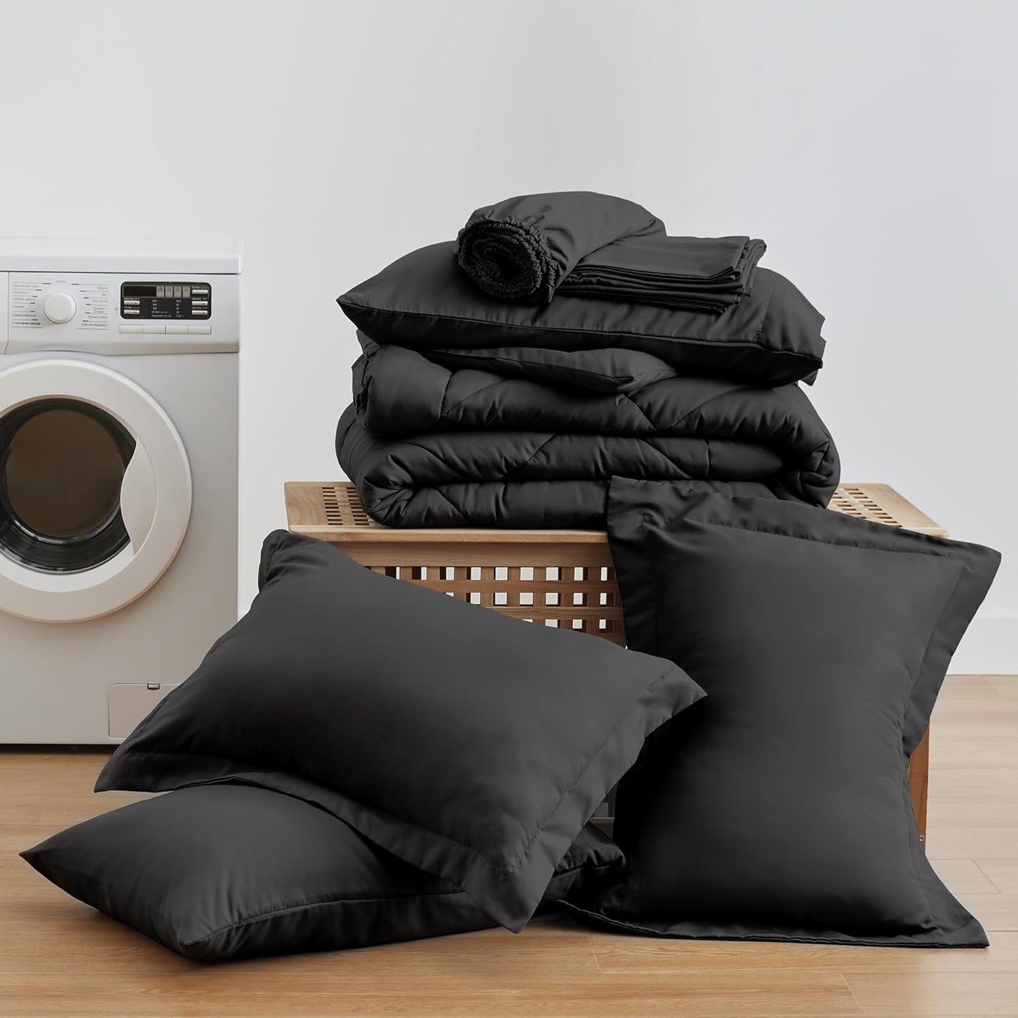Love's cabin King Size Comforter Set Black, 7 Pieces King Bed in a Bag, All Season Bedding Sets with 1 Comforter, 1 Flat Sheet, 1 Fitted Sheet, 2 Pillowcase and 2 Pillow Sham