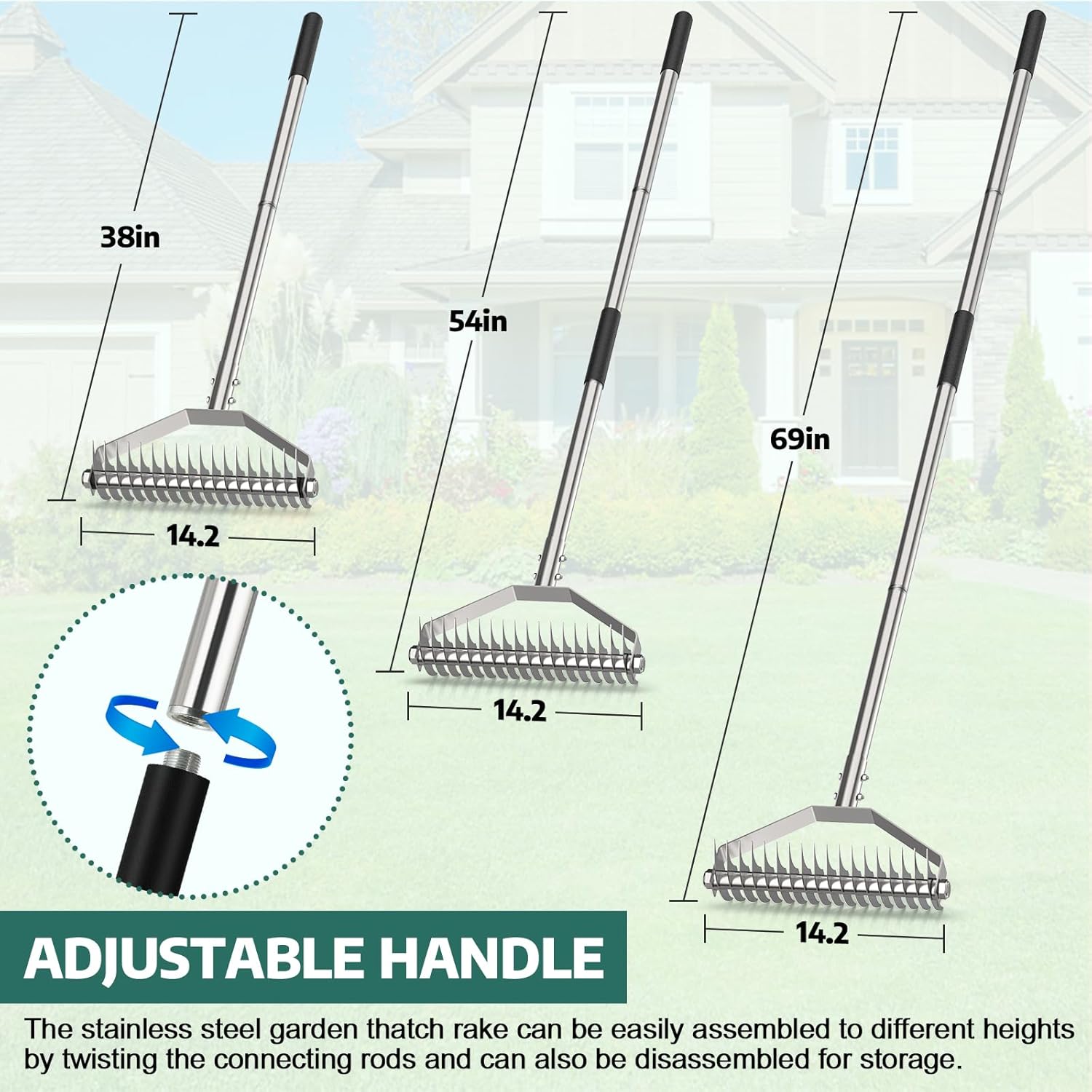 Dethatching Rake, 15.6" Thatch Rake for Lawns, Heavy-Duty Stainless St