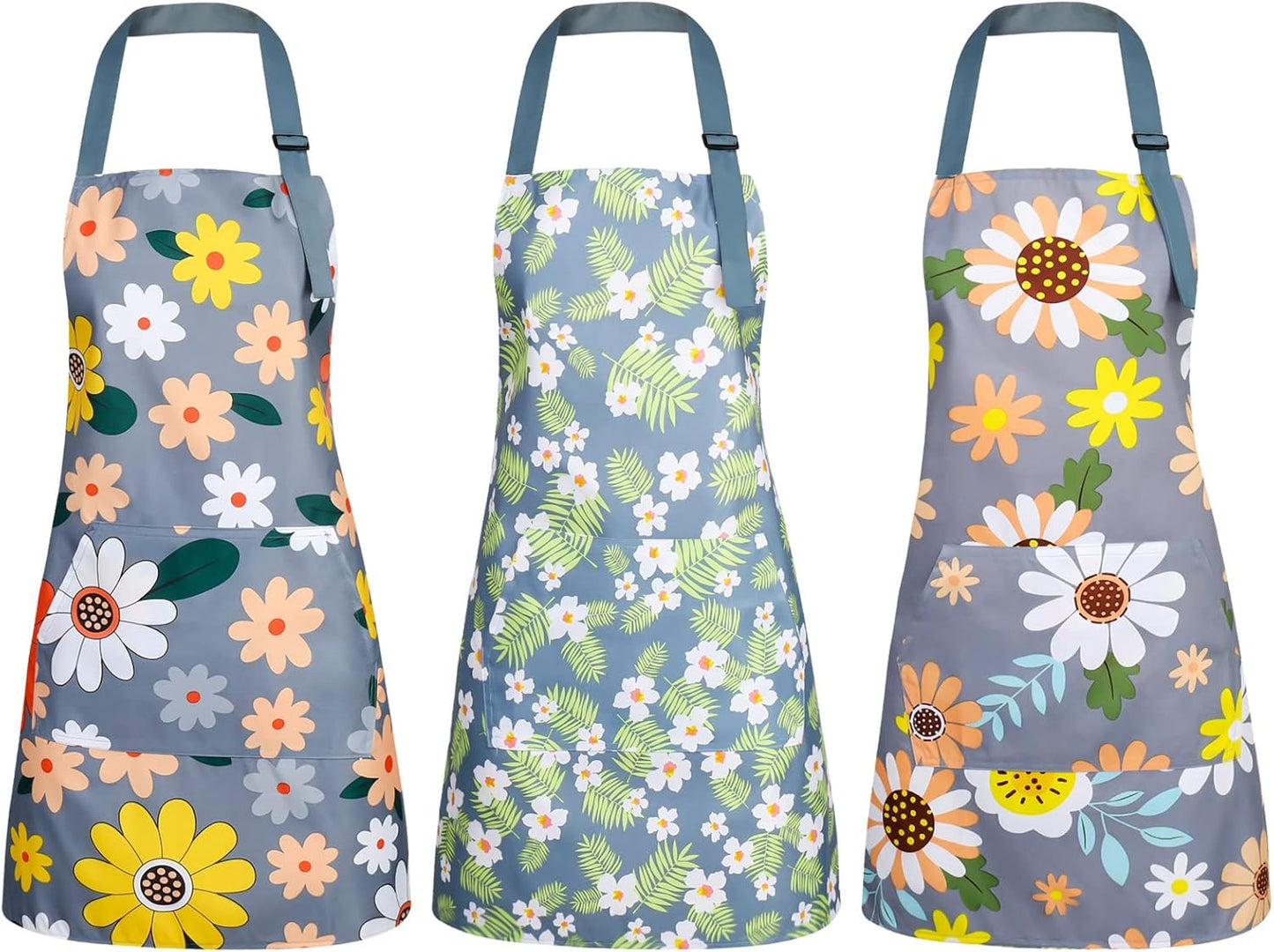 BOUMUSOE 3 Pack Floral Aprons with Pocket, Blooming Womens Aprons Wate