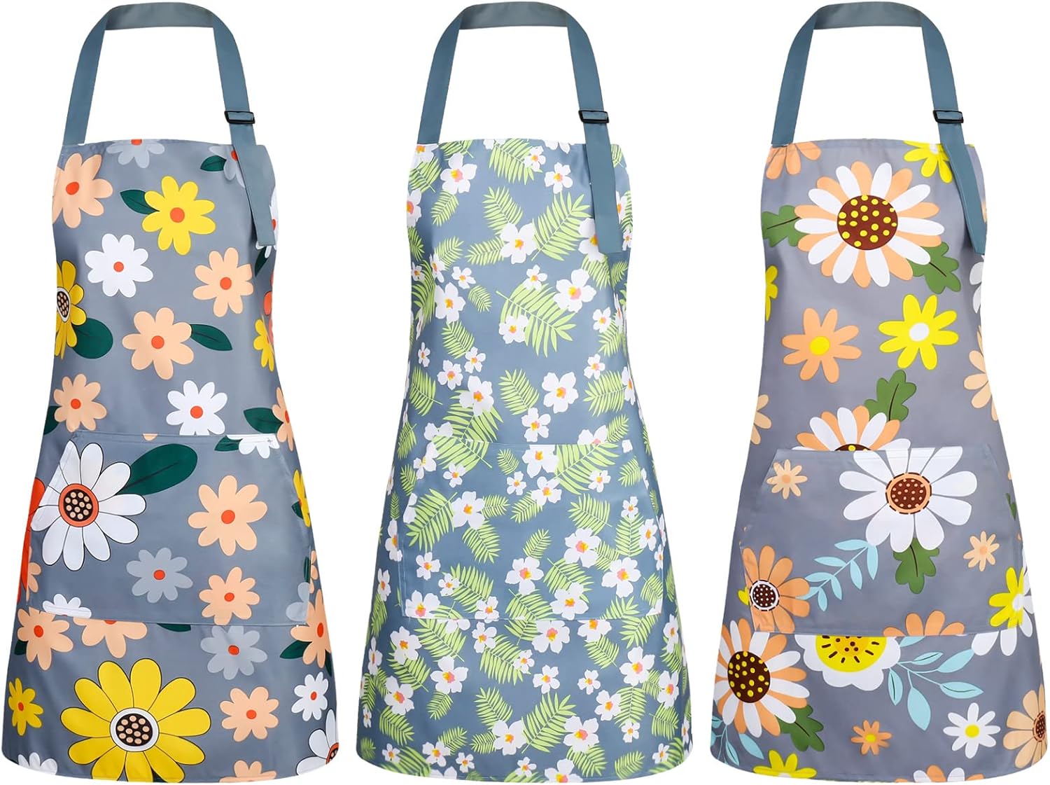 BOUMUSOE 3 Pack Floral Aprons with Pocket, Blooming Womens Aprons Wate