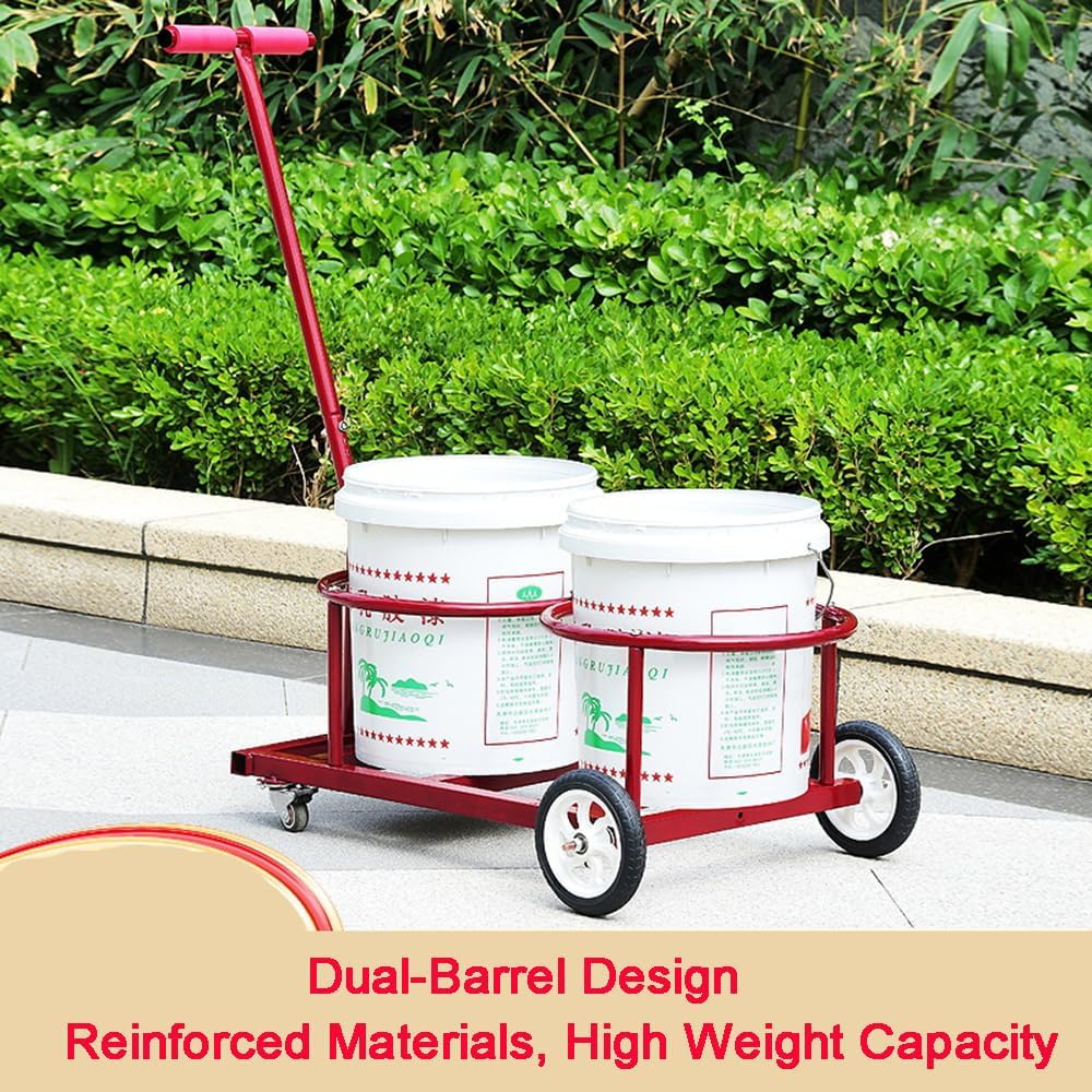 Dual-Bucket Heavy-Duty Hand Truck, Bucket Cart, Garbage Cart, Gas Bottle Transporter, 4-Wheel Braked Trolley with 400LB Capacity, Ideal for Outdoor, Garden, Home, and Industrial Use (red)