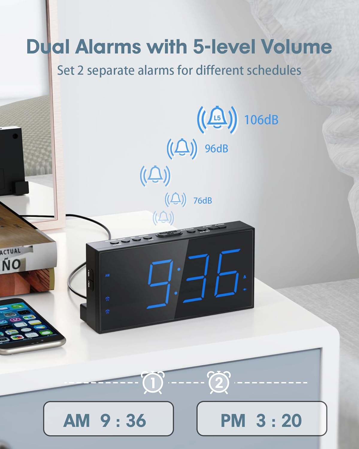Roxicosly Loud Alarm Clock with Bed Shaker, Vibrating Alarm Clock for Heavy Sleepers/Hard of Hearing/Deaf,Dual Alarms, 7.5’’ Large LED Display, Dimmer, USB Charging Port, Plug-in with Memory Function