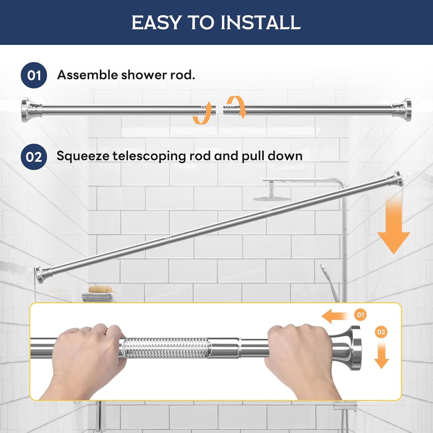 Shower Curtain Rod, 31-80 Inches Adjustable Tension Rod, 1-Inch Diameter Heavy Duty Rustproof Stainless Steel, No-Drill Spring Rod for Bathroom, Kitchen and Closet, Silver