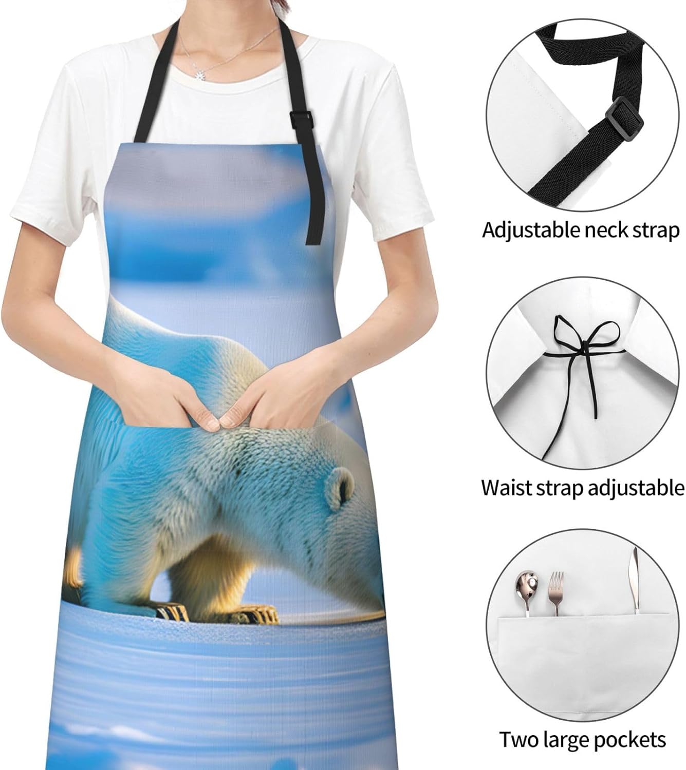 polar bear print Waterproof chef's apron with pocket apron for kitchen cooking baking barbecue and gardening