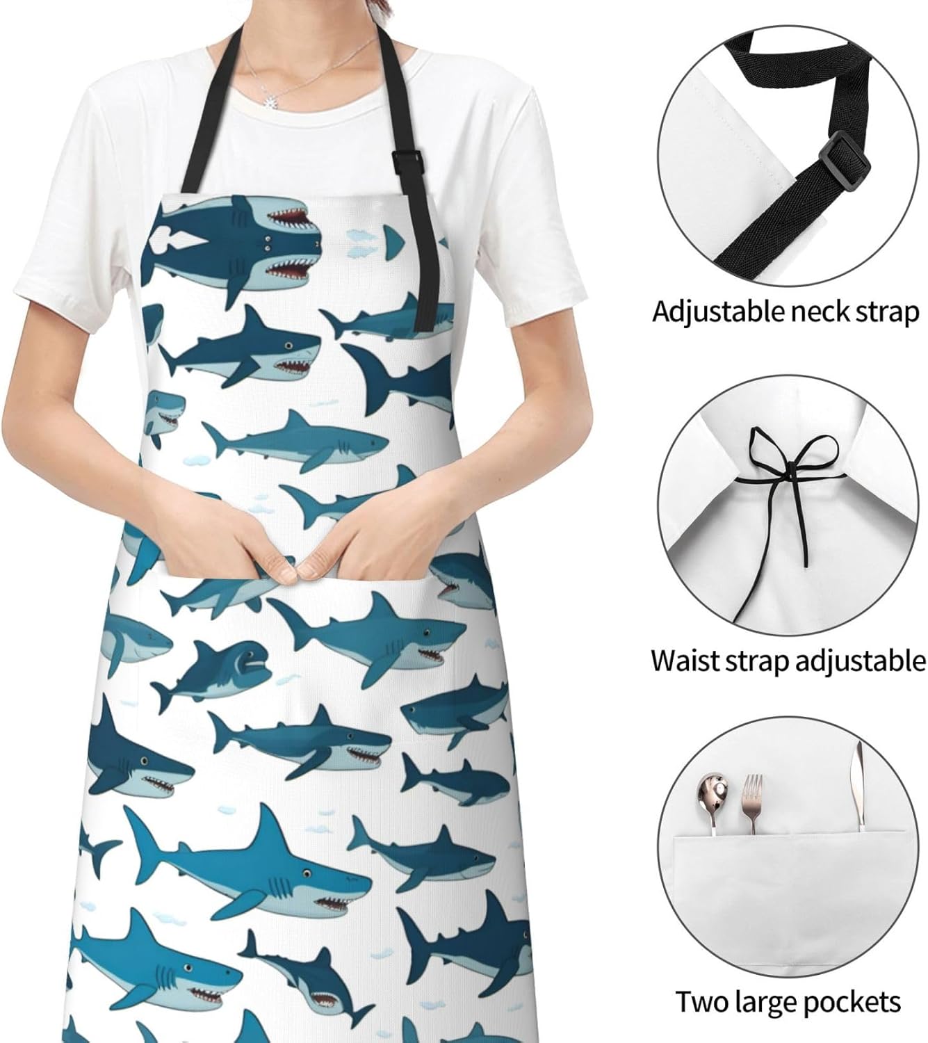 Shark Pattern with Various Gestures print Waterproof chef's apron with pocket apron for kitchen cooking baking barbecue and gardening