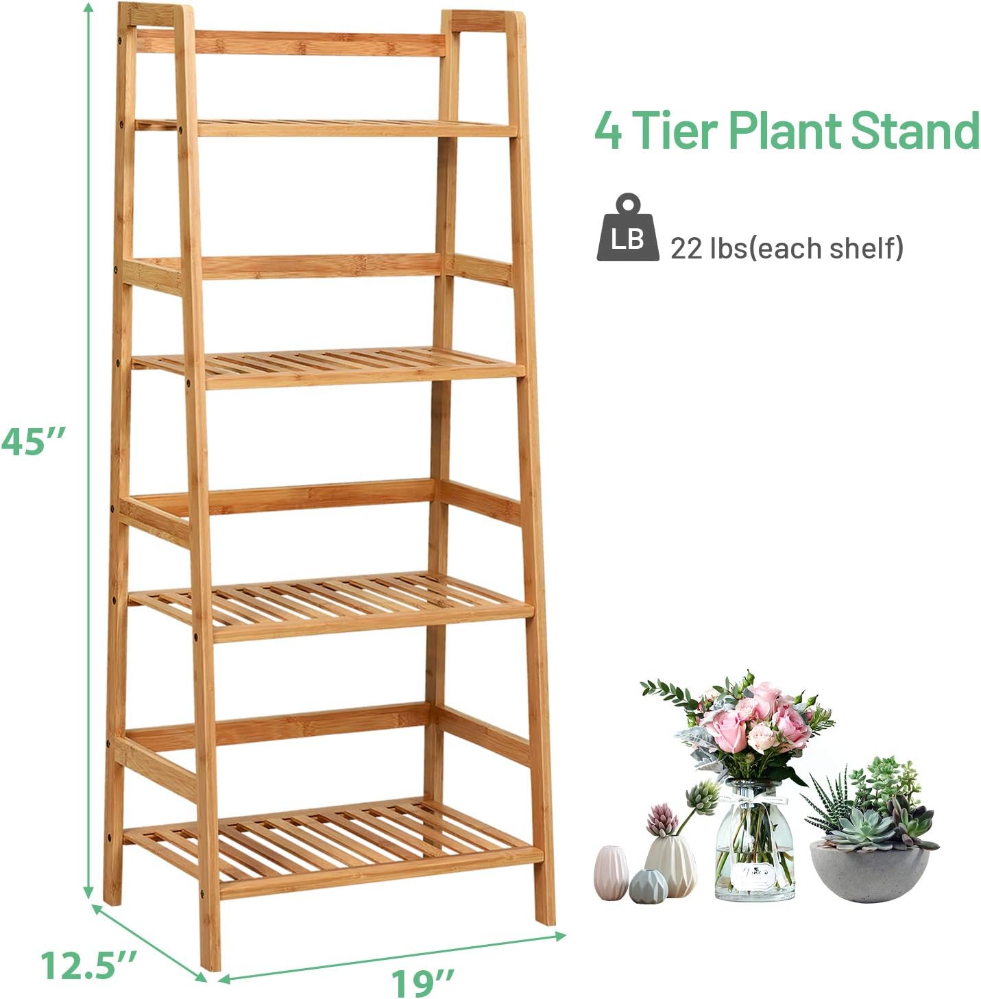 Giantex 4-Tier Ladder Shelf Plant Stand, Bamboo Flower Pots Holder Display Rack, Multifunctional Ladder-Shaped Bookshelf Storage Shelves for Home Office Living Room Bathroom Bedroom Kitchen (Natural)