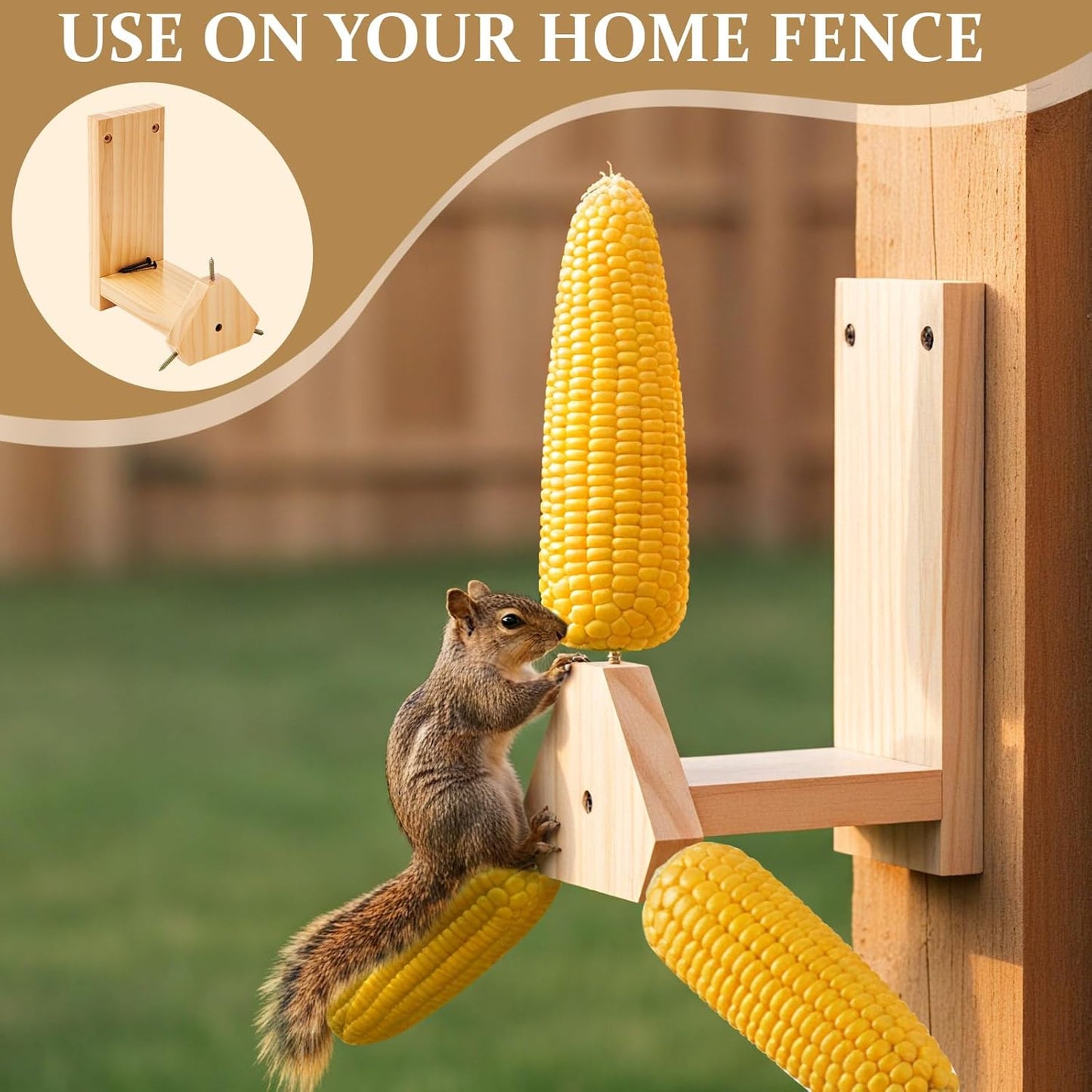LemonRoad Squirrel Feeder for Outside, Squirrel Spinner Corn Cob Holder with 3 Ears, Wooden Chipmunk Feeder (Beige)