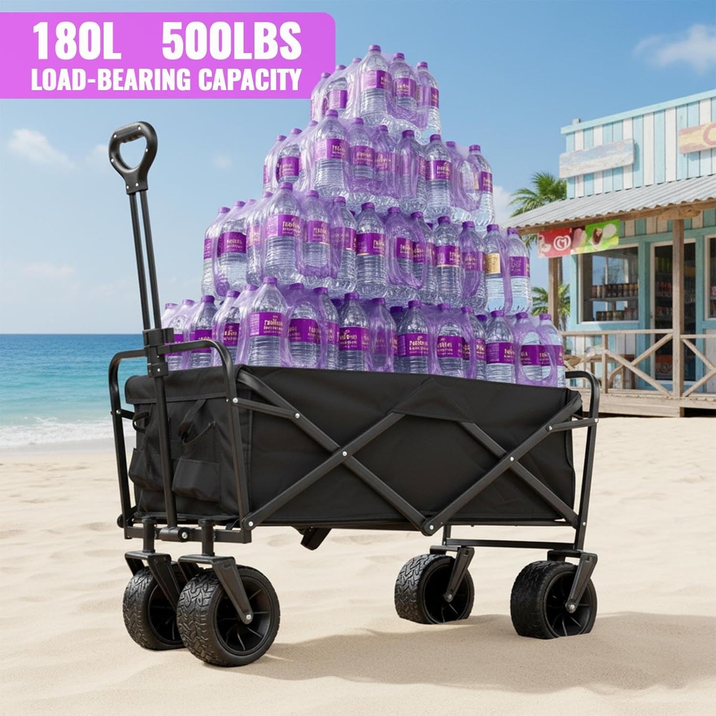 180L Collapsible Wagons Carts,Foldable Shopping Wagon Cart，500lbs Weight Capacity Beach Wagon with Wheels,Collapsible Folding Utility for Camping, Garden, Sports, Shopping (Black)