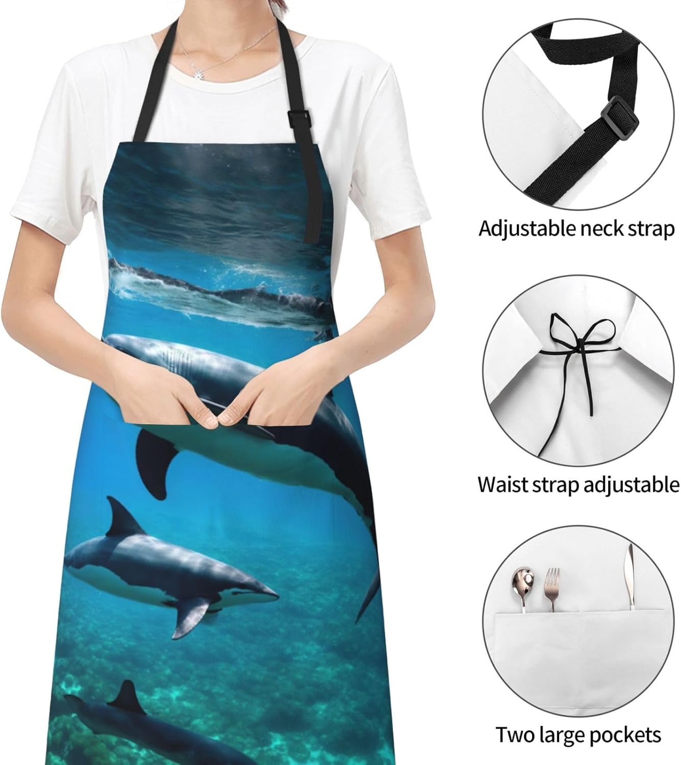 Funny Animal Dolphin Print Laundry apron 28x33 In Waterproof Kitchen Apron with Pockets for Cooking Baking
