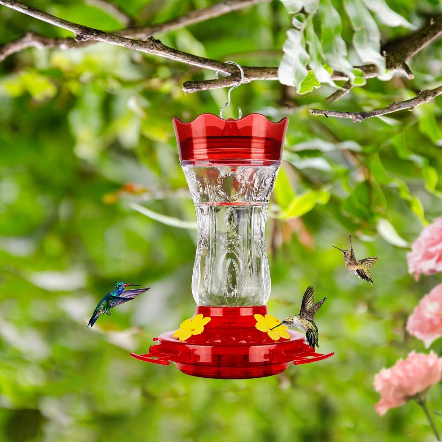 Glass Hummingbird Feeders for Outdoors, Built-in Ant Moat & Leakproof Design, XAROO Hummingbird Feeder with 4 Bee Guard Feeding Ports, 15OZ, Red, Gifts for Mom Wife Dad, Birthday Gift for Men Women