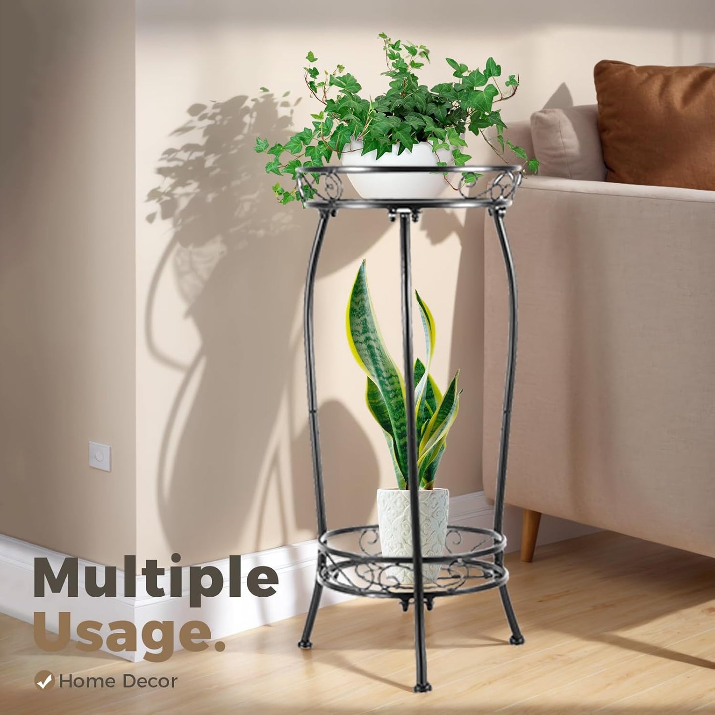 Plant Stand Indoor Outdoor，Tall Black Metal Rustproof Stable Plant Sta