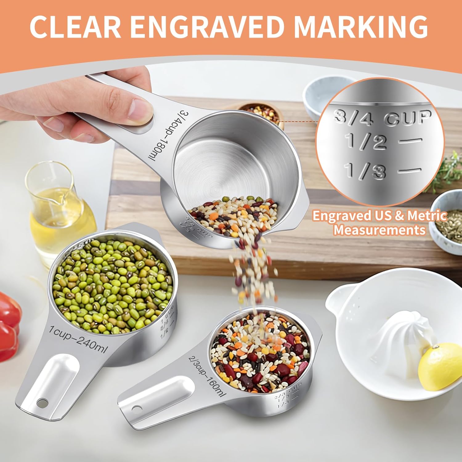 EWFEN Measuring Cups and Spoons Set, 7 Stainless Steel Nesting Measuri
