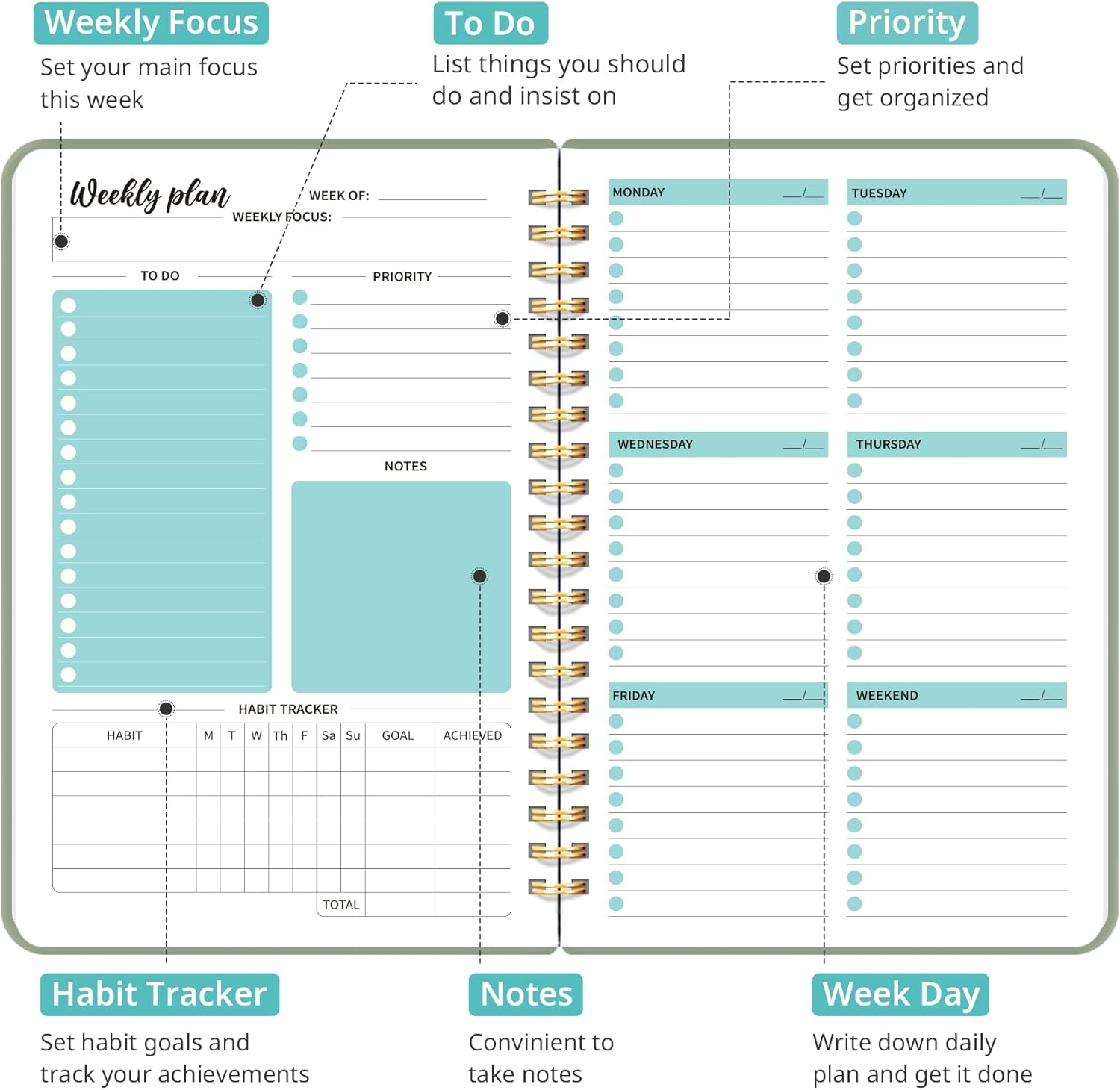Undated Weekly Planner, Weekly To Do List Notebook with Goal & Habit T