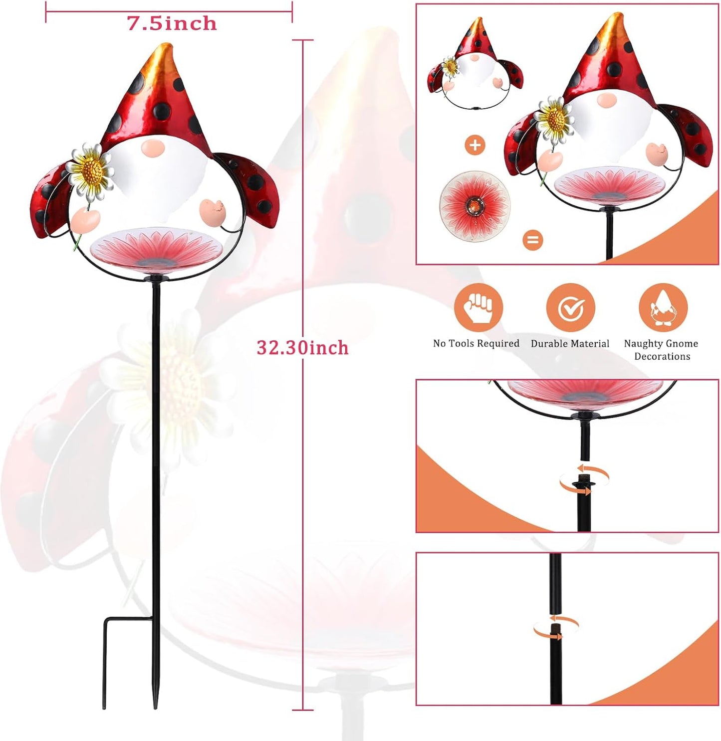 MUMTOP Glass Bird Baths for Outdoors, 32 Inch Height Small Garden Gnome Birdbath Bird Feeders Unique Metal Ladybug Gnomes Decorative for Outdoor Outside Yard Lawn, Red