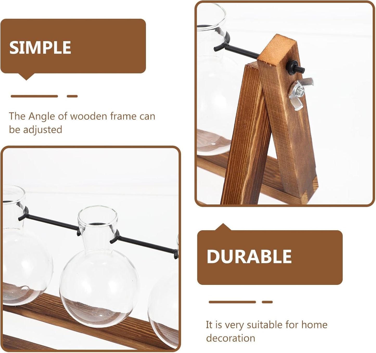 Milisten Hydroponic Glass Vase with Wooden Stand, Three-Ball Plant Container, Glass Planter for Indoor Desktop Decoration, Home and Office Hydroponic Flower Pot