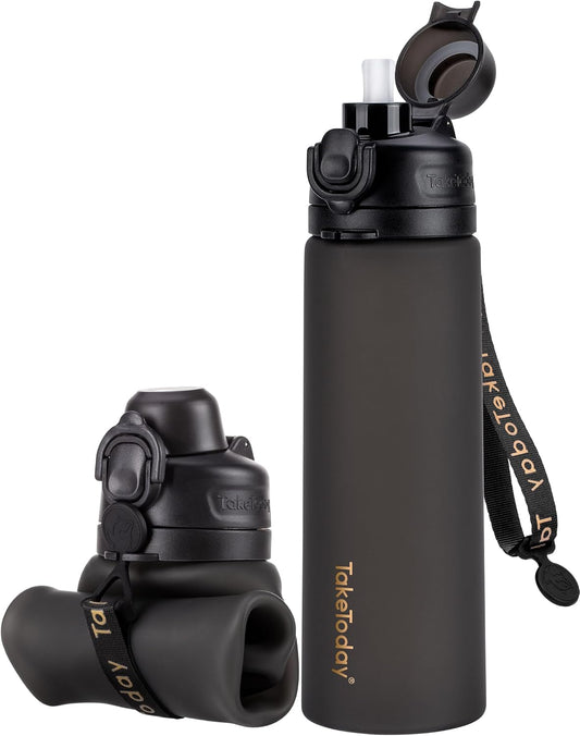 TakeToday Collapsible Water Bottles 20oz (600mL), Foldable Platinum Silicone Travel Water Bottle with Straw & Carry Strap, Leak-Resistant Screw Lid, Wide Mouth, BPA-Free for Hiking, Camping, Travel