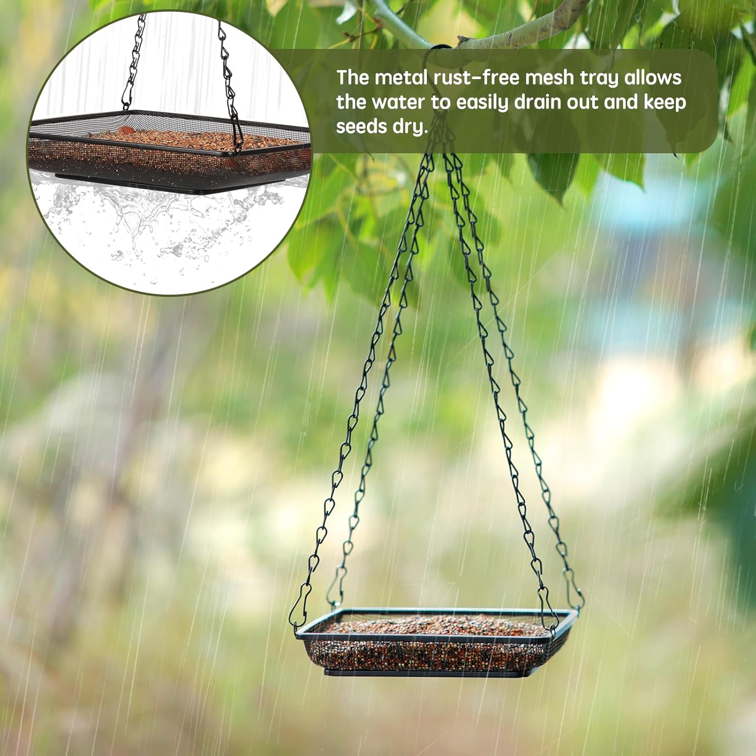 MIXXIDEA Hanging Bird Feeder Tray Metal Mesh Platform Seed Feeder with