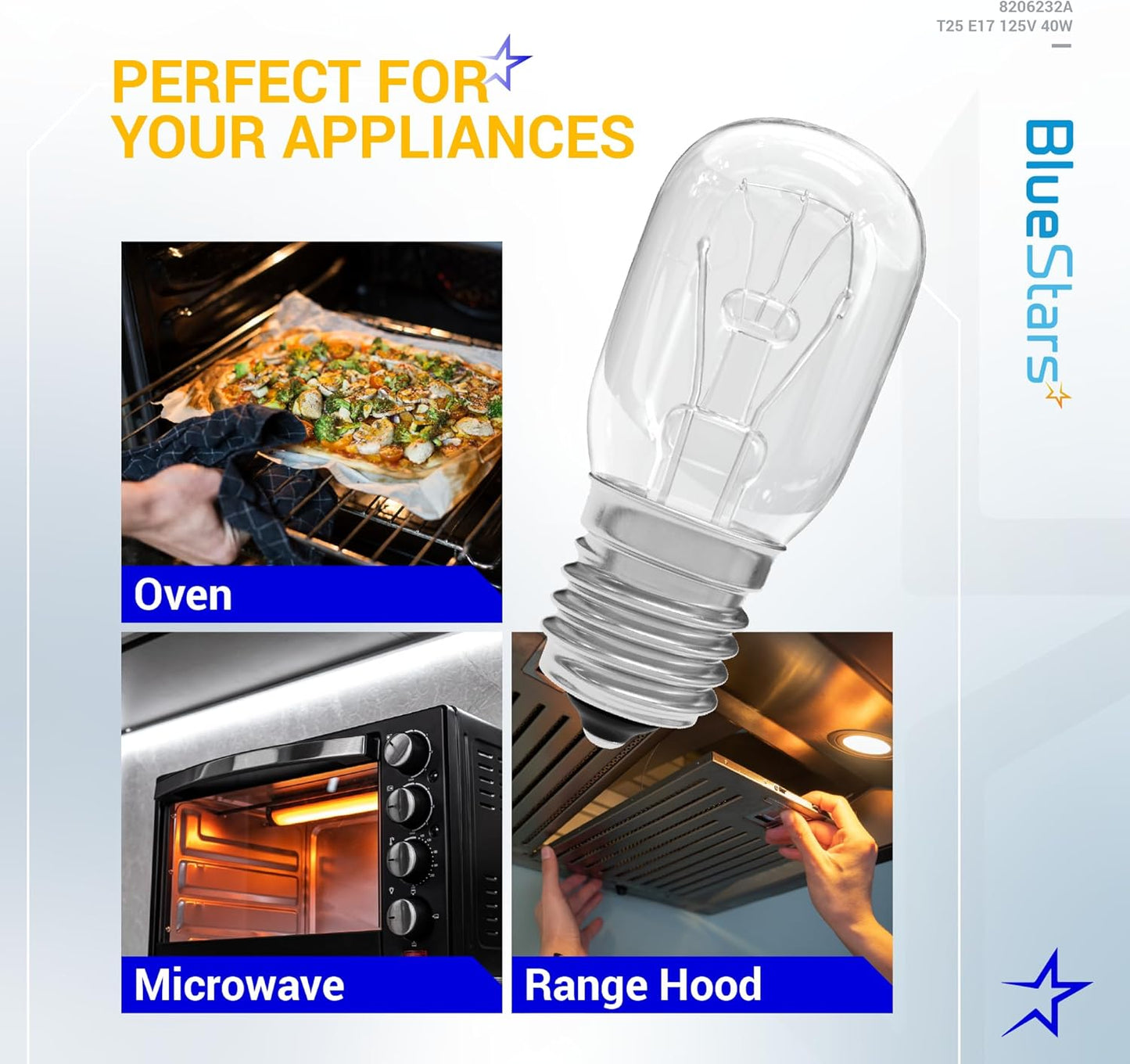 BlueStars 8206232A KEI 125V 40W Microwave Bulb E17 Base, Compatible with Whirlpool Microwave Light Bulb Under Hood, Lava Lamp, Salt Lamp Bulbs, Replaces 1890433 8206232 AP4512653, 3 Packs