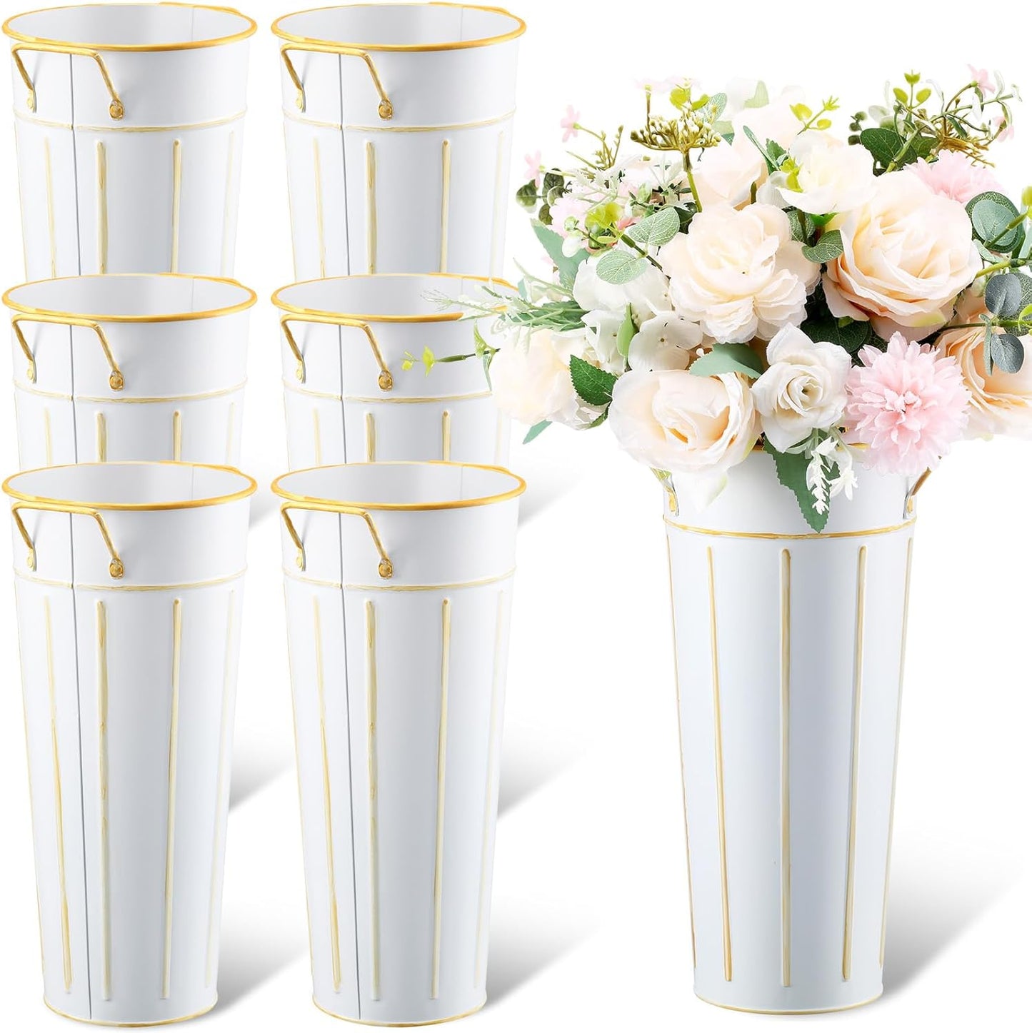 Domensi 6 Pcs 11.8'' Galvanized Metal Vase with Handle Rustic Galvanized Vase Planter Bucket for Fresh Flowers Dried Floral Decor Farmhouse Table Centerpiece Decoration for Wedding(White)