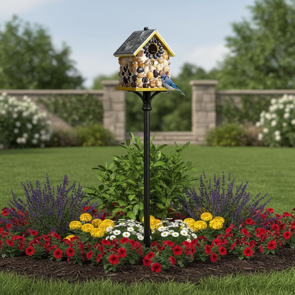 Premium River Pebble Bluebird House – Cedar Wood Outdoor Birdhouse with Embedded Metal Roof, Weather-Resistant Garden Nest Box for Wild Birds, Hanging & Pole Mountable (Yellow)