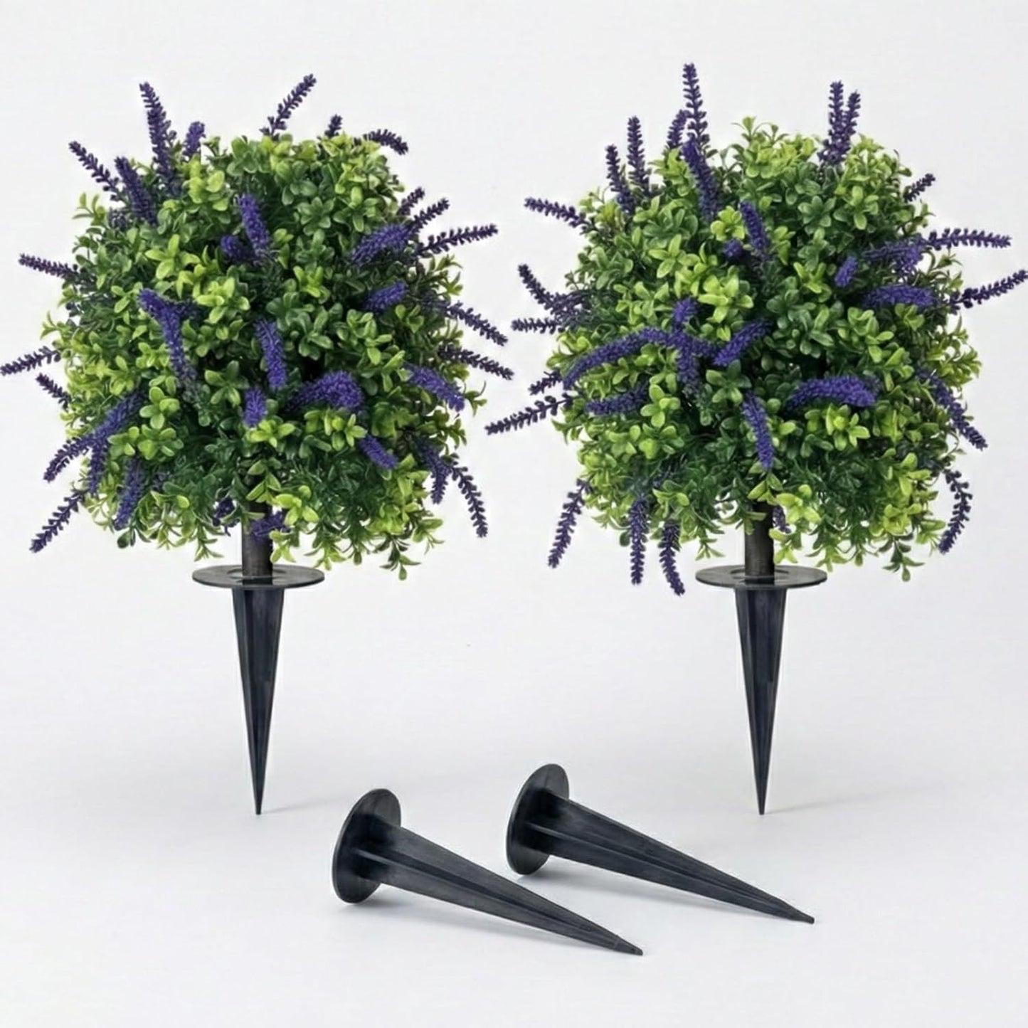 Artificial Lavender Topiary Ball Trees Set of 2 – 23.6 Inch Tall UV Resistant Faux Evergreen Boxwood Shrubs with Ground Spike, Realistic Fake Plants for Outdoor Indoor Front Porch Garden Decor