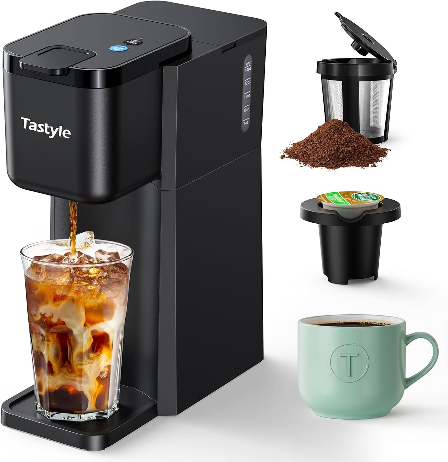 Mini Hot and Iced Coffee Maker Single Serve, for K Cup and Ground, 6 to 14 Oz Brew Sizes, with Recipe Book, for Home, Travel, RV, Office and Dorm, Classic Black (2.0 Version)