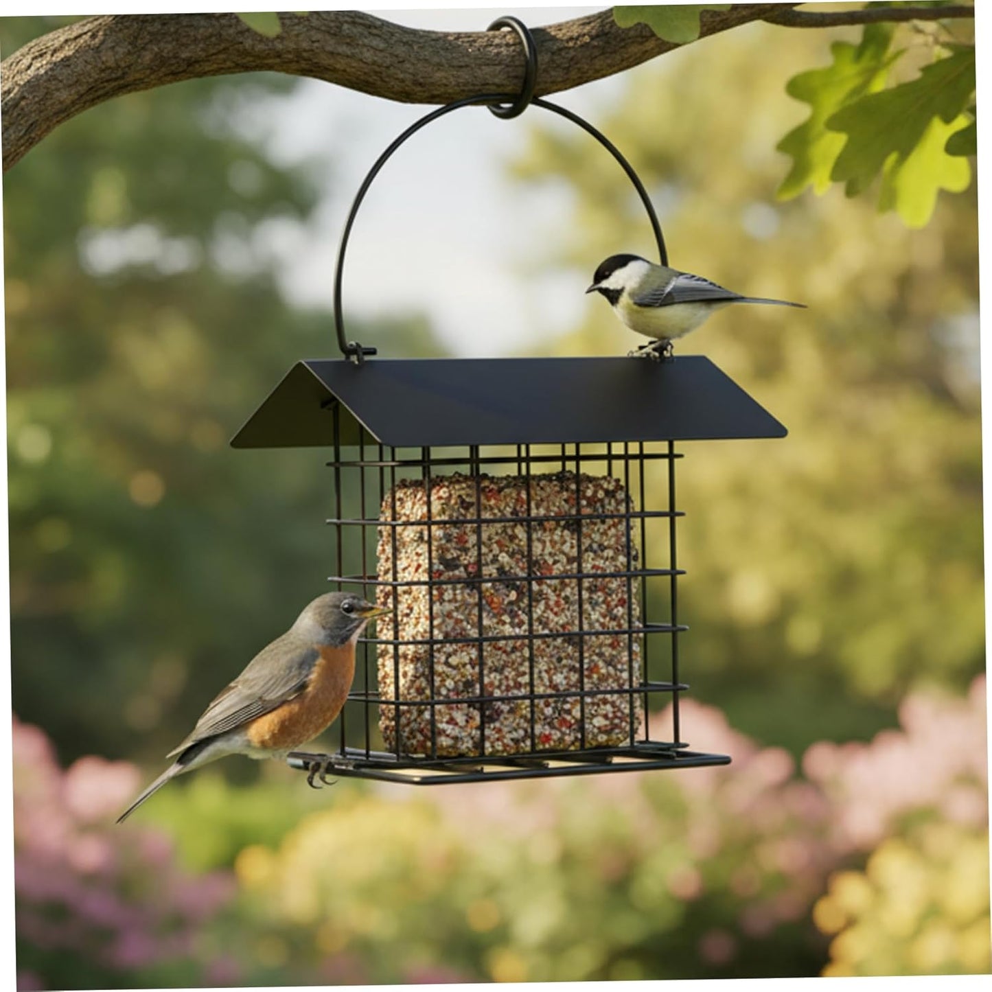 Hanging Bird Feeder Metal Squirrel-Proof Weatherproof Bird Feeders for Outside Large Capacity Wild Birds Feeder with Roof Black Hanging, Feeders for Outdoors, Fe