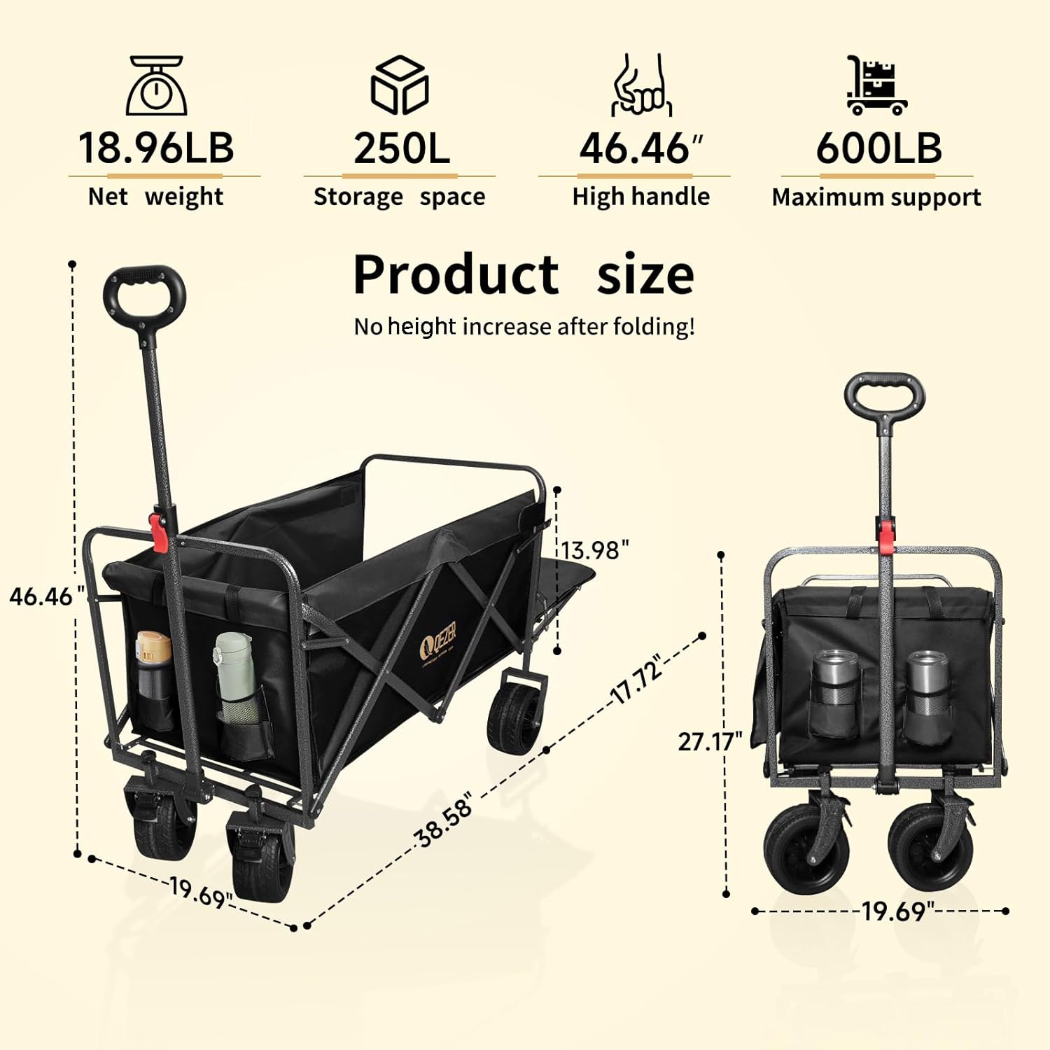 56" Large Collapsible Folding Wagon with Tailgate and Brake, 600LBS He