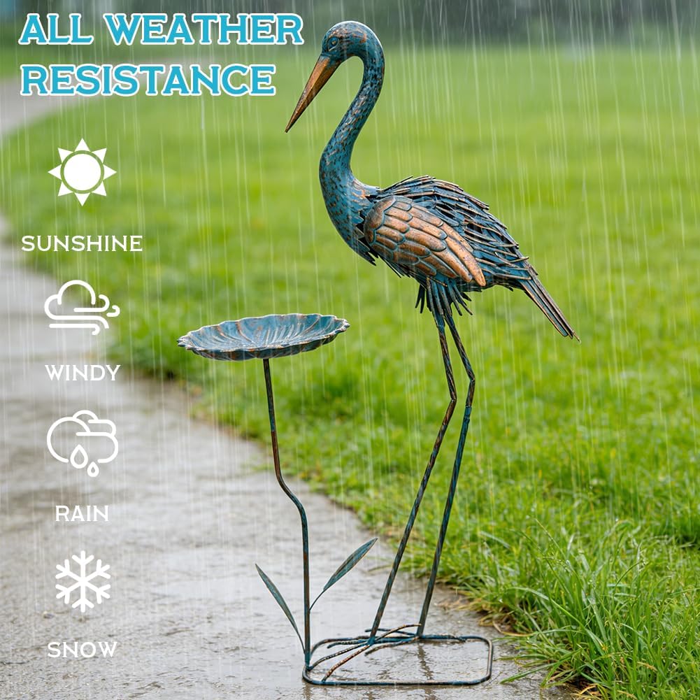Metal Crane Garden Statue for Outside, Large Heron Outdoor Statues with Leaf Tray, Elegant Crane Yard Art Garden Decor for Garden Yard, Porch(39.37 Tall)