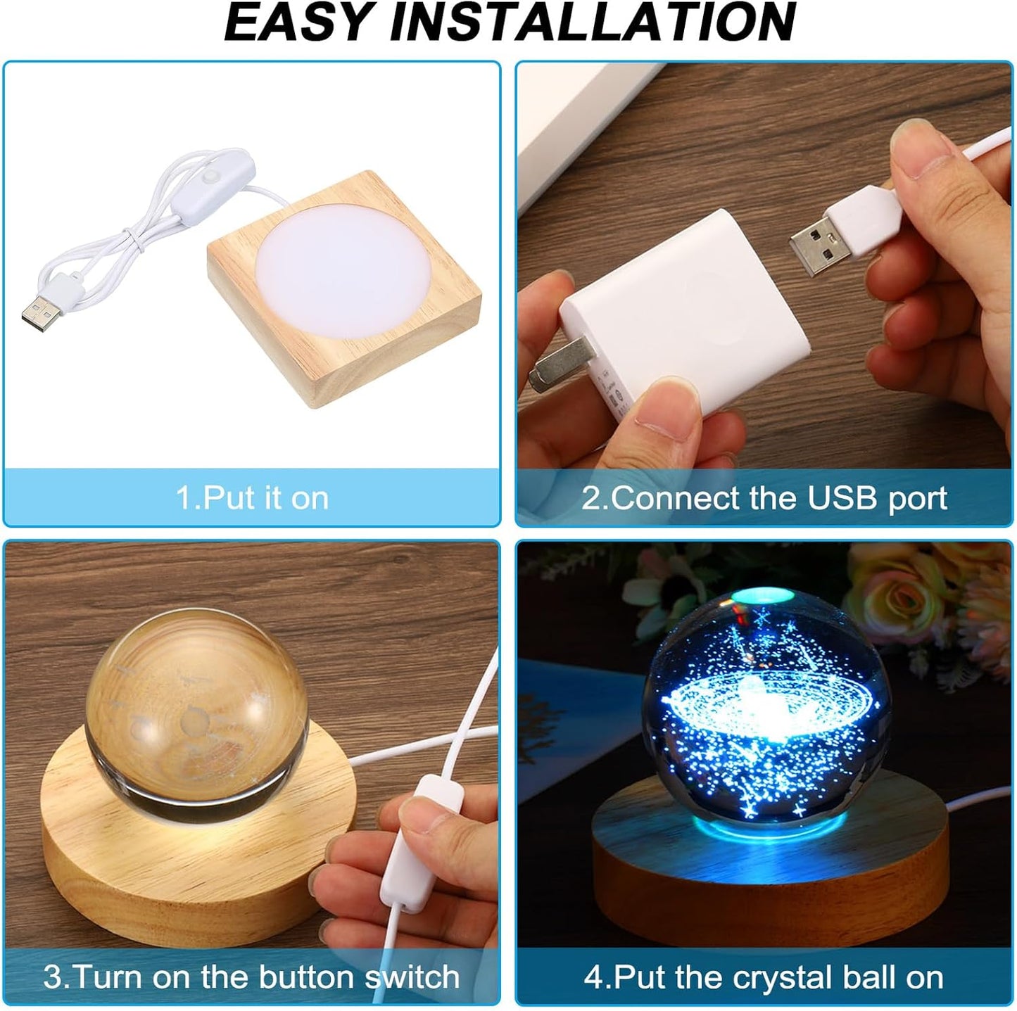PATIKIL 3.2x3.2 Inch Wooden LED Light Base, Wood Light Display Base Stand Lighting with Switch for 3D Crystal Glass Aroma Stone Art, Warm White Light