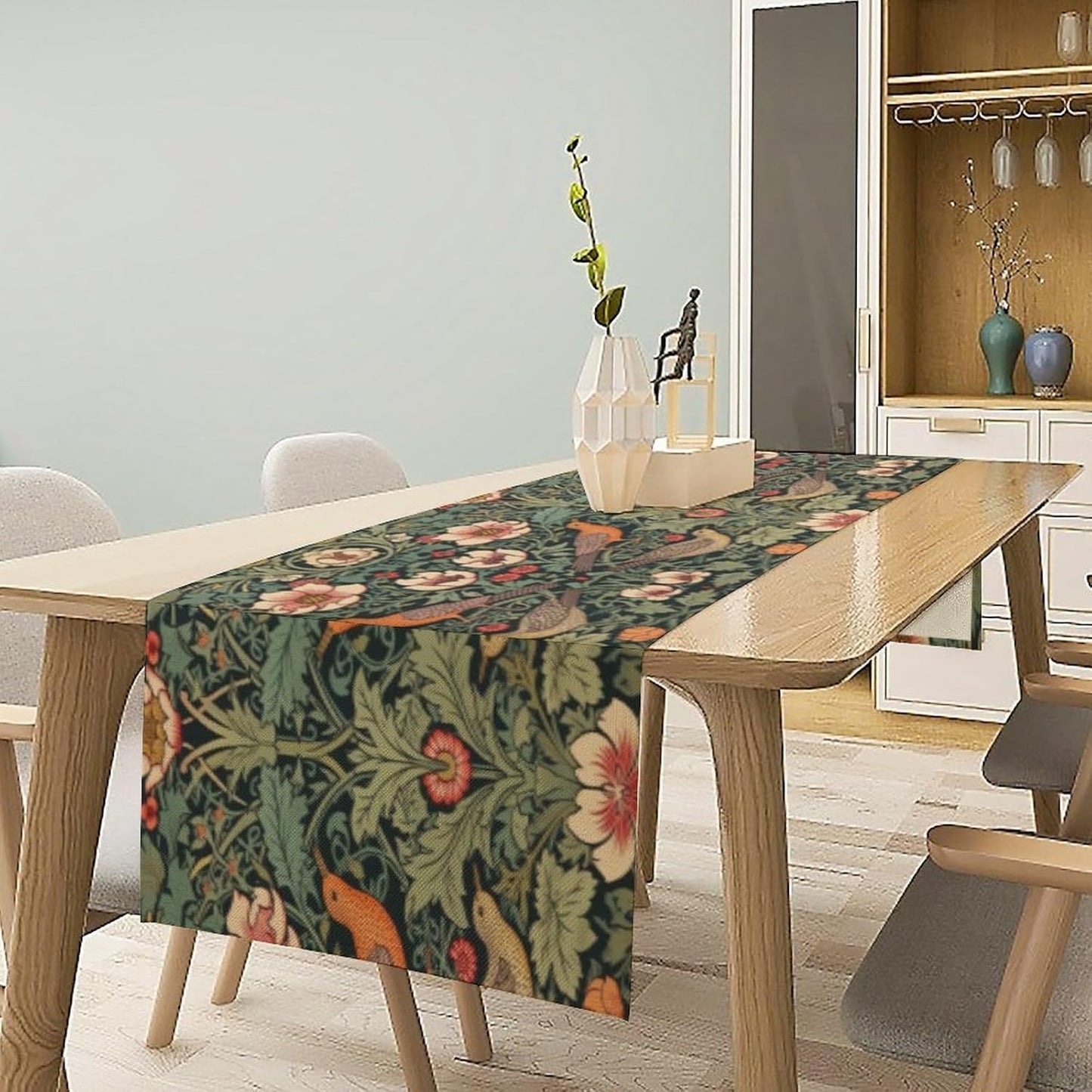 William Morris Table Runner, Vintage Rustic Green Old Flower Flower Plant Leaf Nature Bird Table Decor Tabletop Dining Kitchen Wedding Party 13x90 Inch