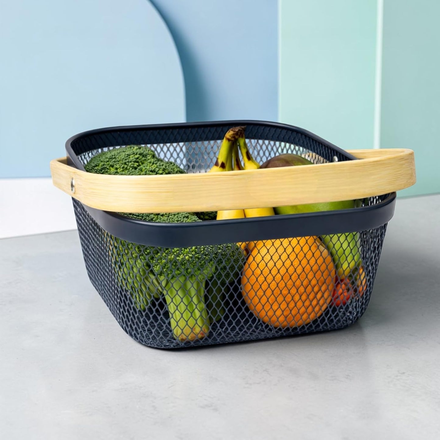 Garden Harvest Basket Gray Mesh Vegetable Hod with Bamboo Handle – Garden Baskets for Harvesting Fruits Vegetables Herbs, Durable Metal Wire Design for Gardeners (Gray Mesh Basket)