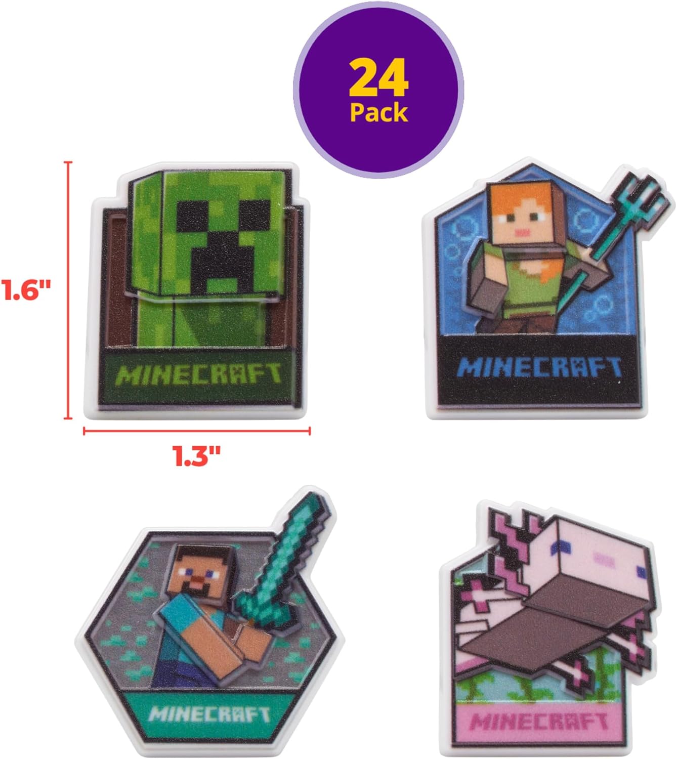 DecoPac Minecraft Lush Finds Rings, Cupcake Decorations Featuring Creeper, Alex, Steve and Axolotl! Multicolored 3D Food Safe Cake Toppers – 24 Pack