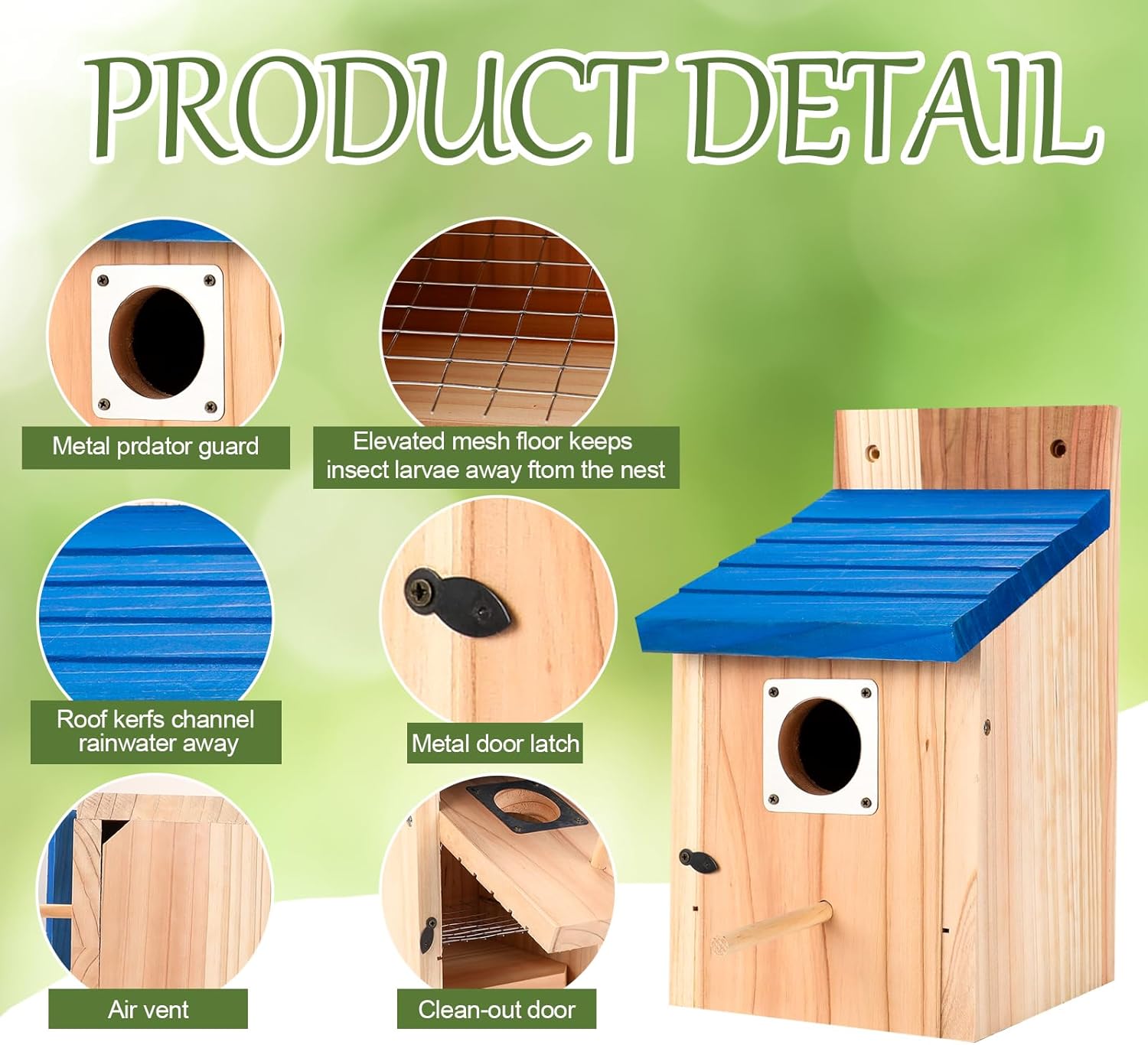 4-Pack Blue Wooden Bird Houses for Outdoors with Predator Guard, Blueb