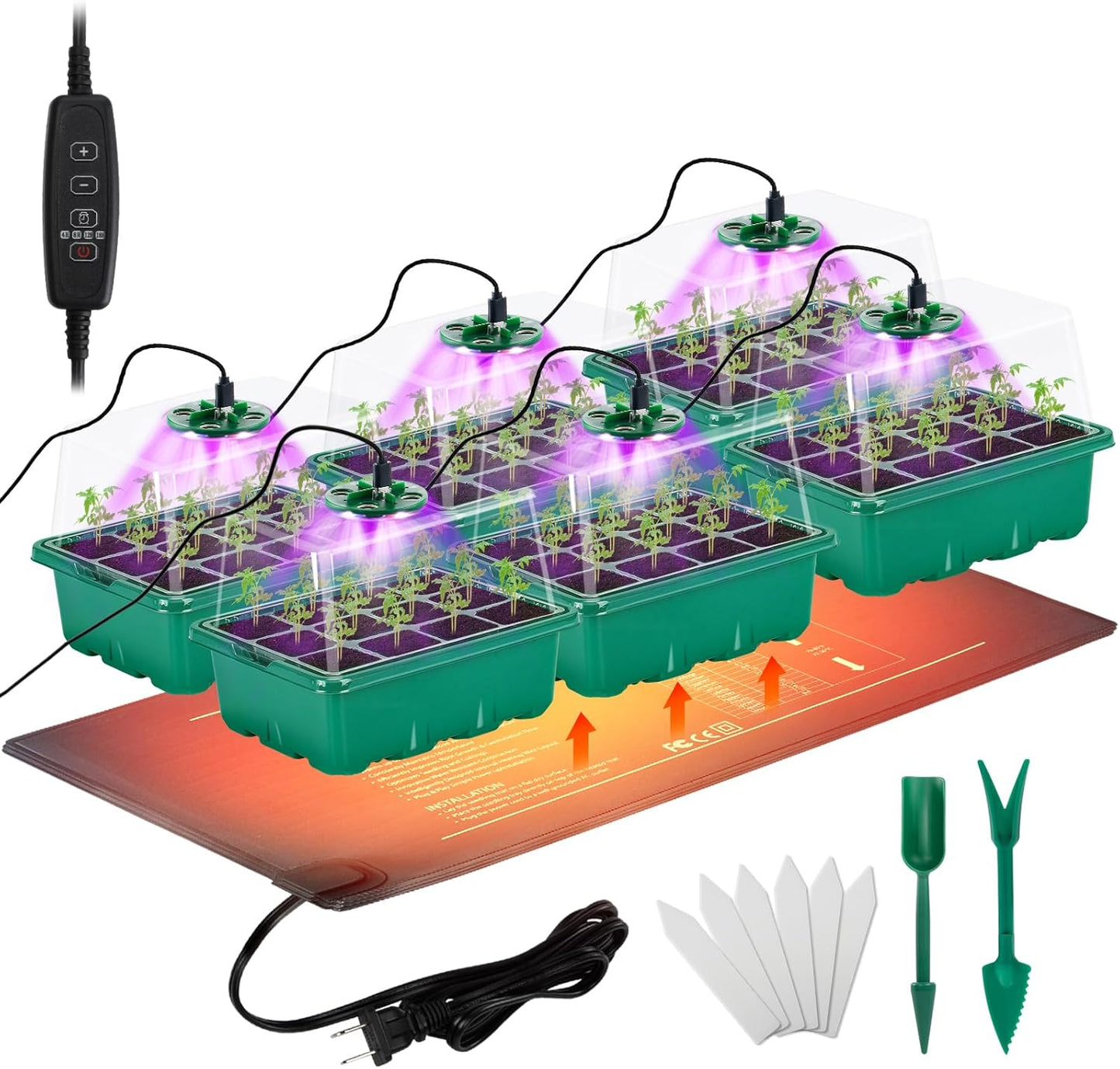 Apipi Seed Starter Tray with Grow Light & Heat Mat- 6 Pack 72 Cell Dur