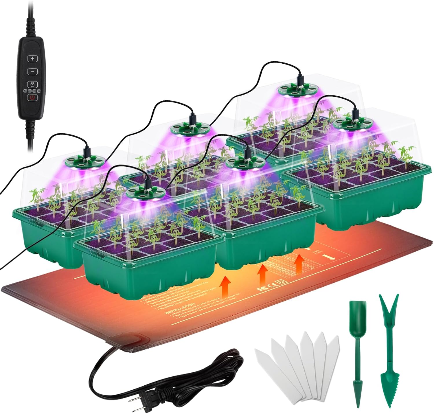 Apipi Seed Starter Tray with Grow Light & Heat Mat- 6 Pack 72 Cell Dur
