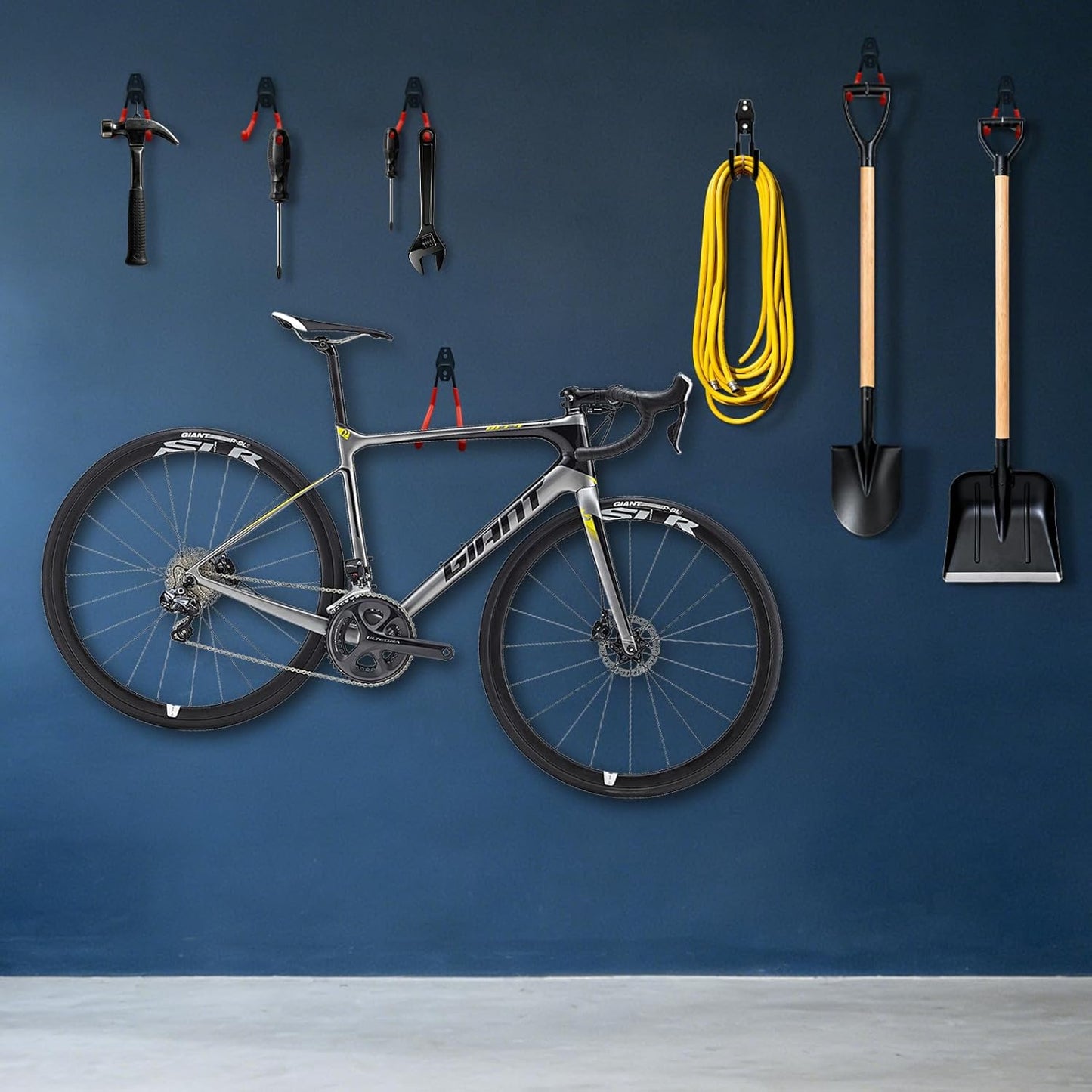 4 Pack Heavy Duty Garage Hooks with 2 Extension Cord Organizer Straps, 7.7 Inch Long Utility Hangers Wall Mount for Ladder, Bikes, Garden Tools, Hose, Ski Storage, Maximize Vertical Space