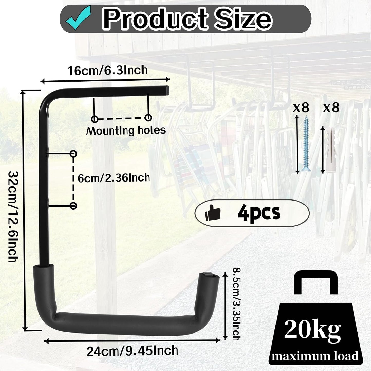 4pcs Ceiling Mounted Garage Hooks, Overhead Garage Storage Rack, Utility Ladder Hangers for Lumber Bike Tools (9.45 x 12.6 Inch)