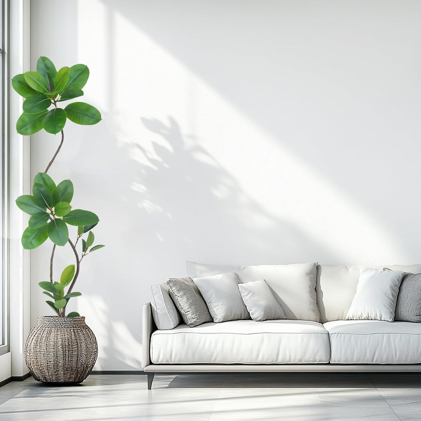 Artificial Rubber Tree Plant, 6ft Tall, Black with Round Planter, All Season Home Decor (Green,6ft)