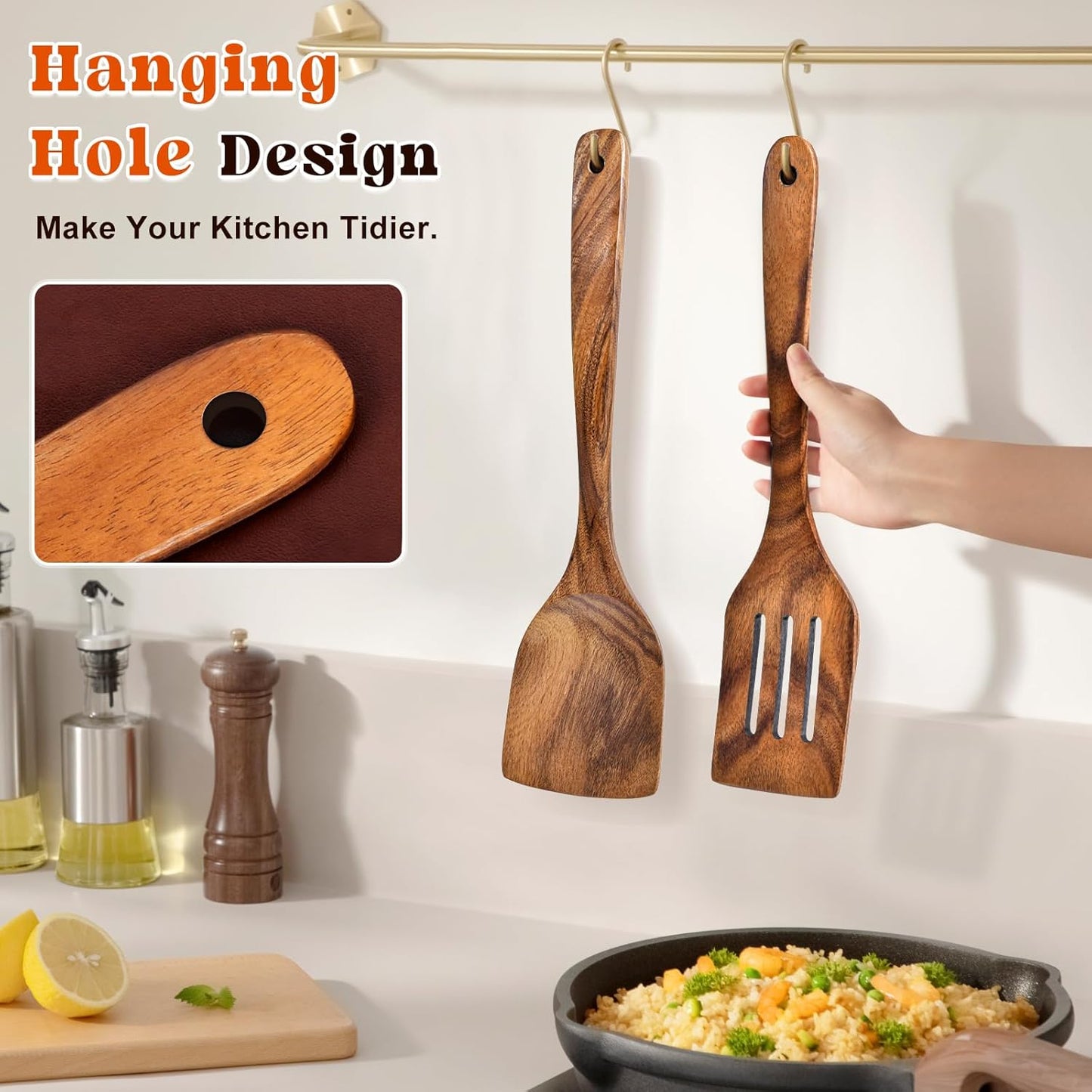 2Pcs Wooden Spatula, Acacia Solid & Slotted Turner Spatula Set, Long H