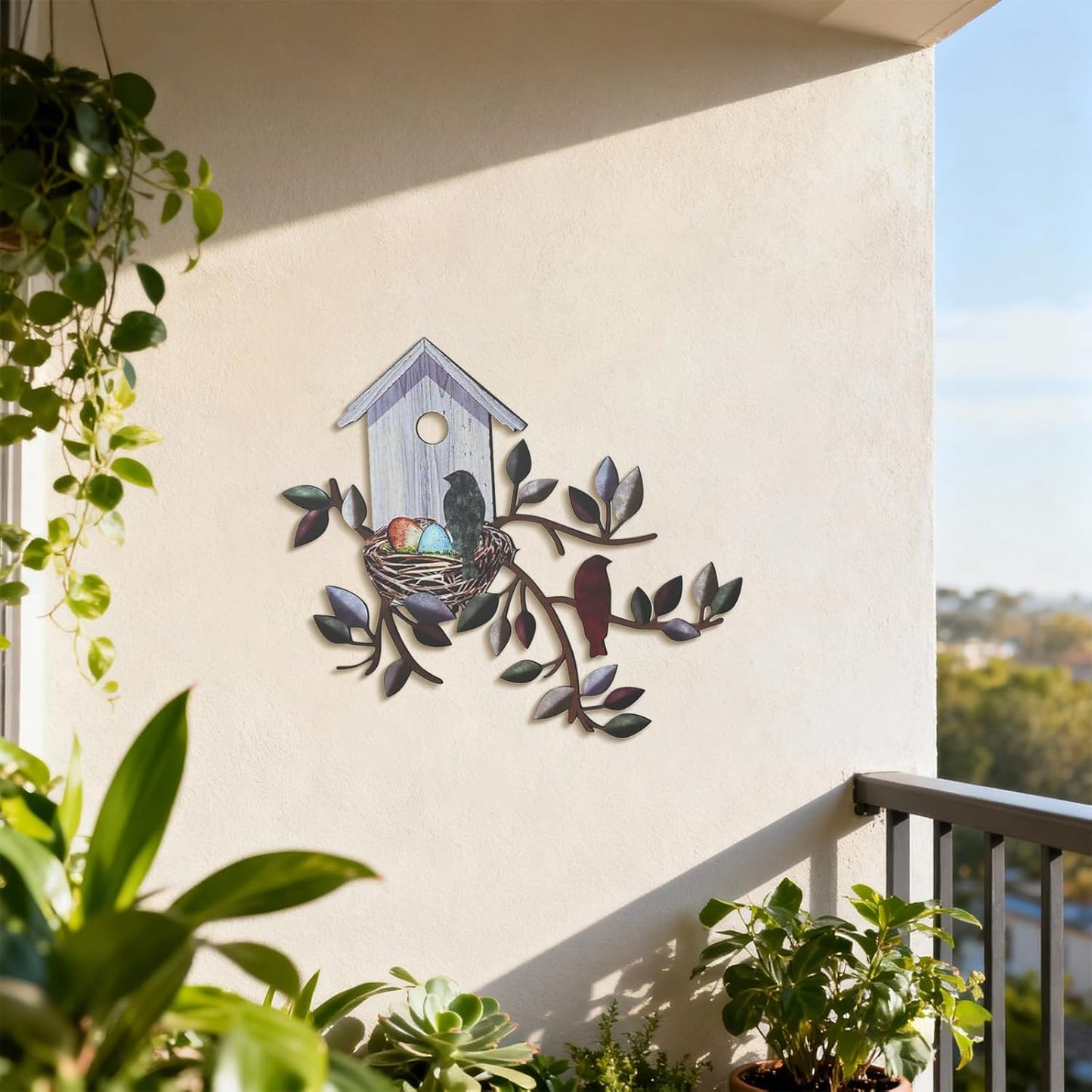 Vehookin Metal Bird Wall Decor, Bird Art Wall Decor with Adhesives & Nails, Birdhouse Metal Wall Hangings for Living Room Bedroon, Outdoor Garden Porch, 12.2 x 10.6 inches
