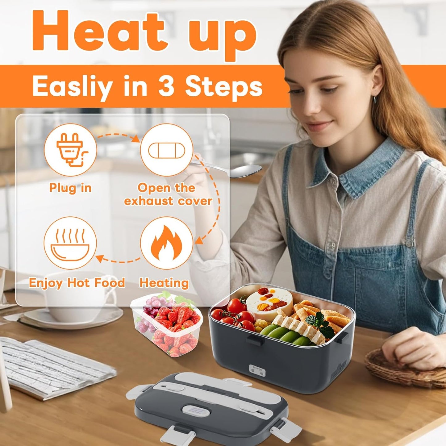 DUPASU Electric Lunch Box Food Warmer: 100W Heated Lunch Box for Adults, 1.8L Portable Fast Heating Lunchbox Food Heater for Car, Truck, Work, Travel, Lonchera Elctrica Porttil 12/24V/110-230V