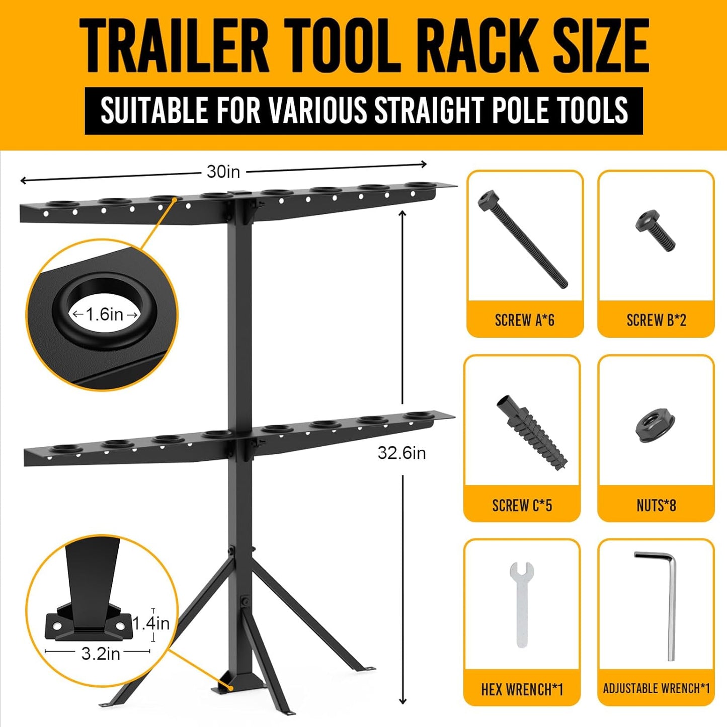 Utility Trailer Tool Rack, Shovel Rack for Truck, Rake Shovel Holder Landscape Hand Tool Accessories for Trailer Truck with 8 Rubber Holes with Brackets, Standard Black