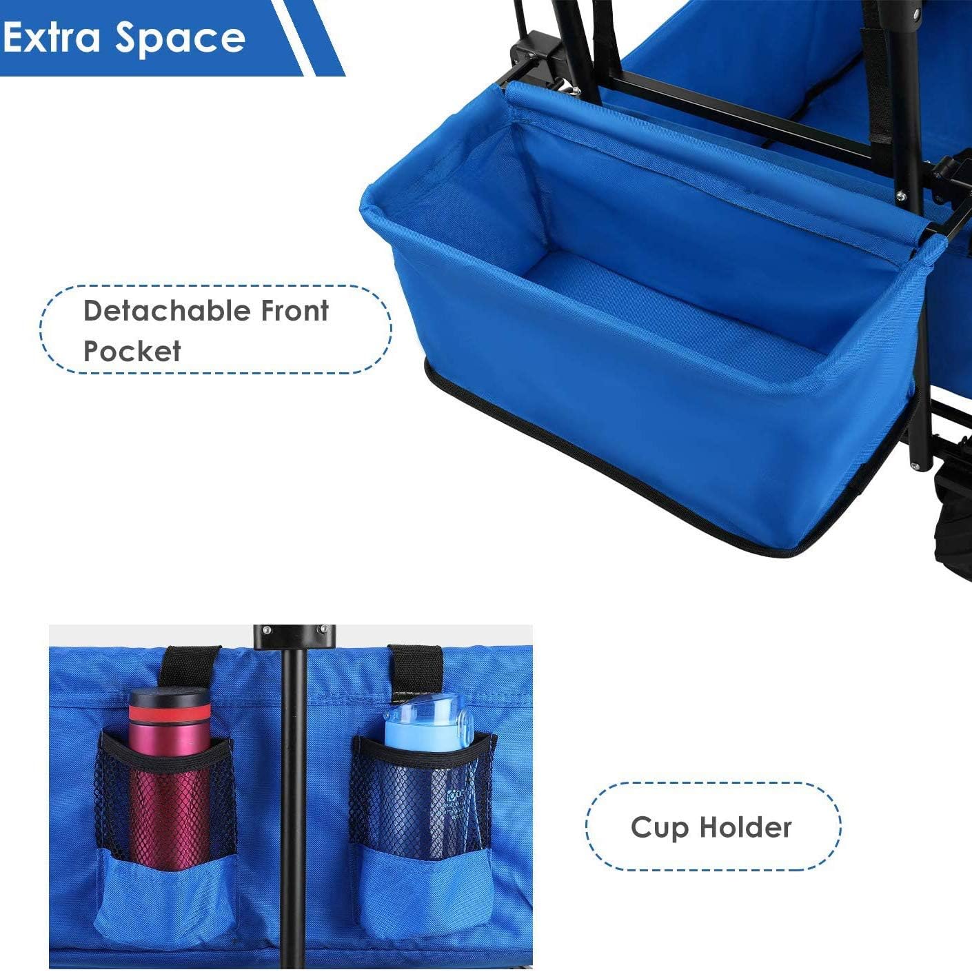 Collapsible Utility Wagon, Heavy Duty Folding Portable Push and Pull Hand Cart with Removable Canopy, for Shopping, Picnic, Beach, Camping (Blue) (Blue)