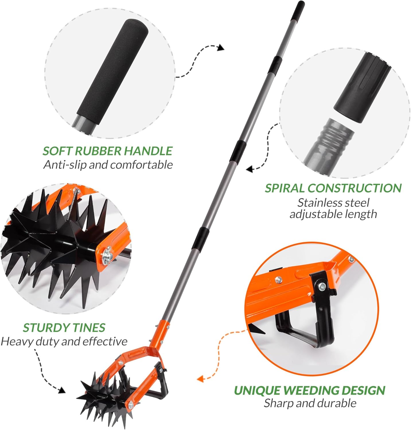 Walensee Rotary Cultivator Garden Tool, Adjustable Long Handle Hand Ti